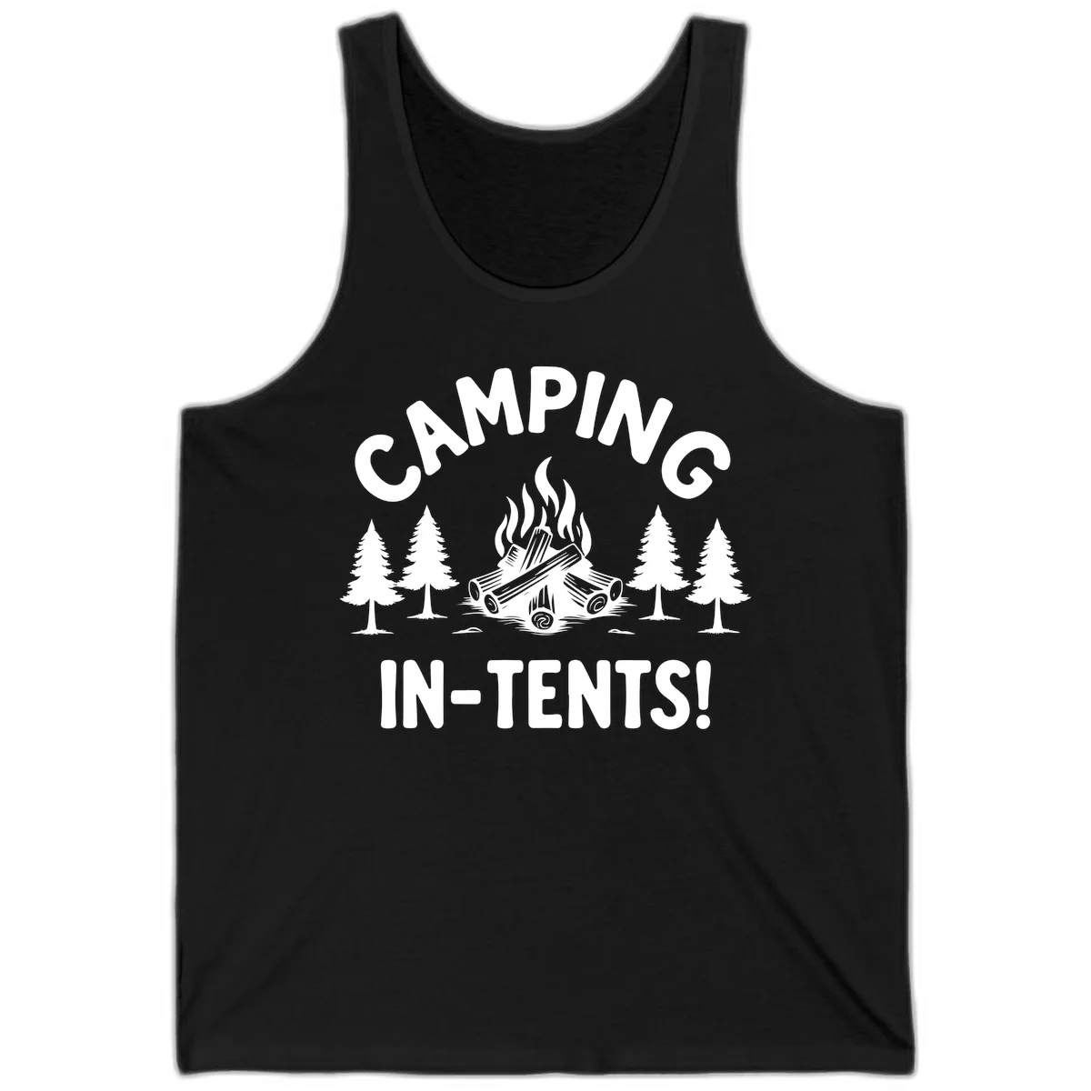Camping in tents pun design with campfire, logs, and evergreen trees on gray background in Black