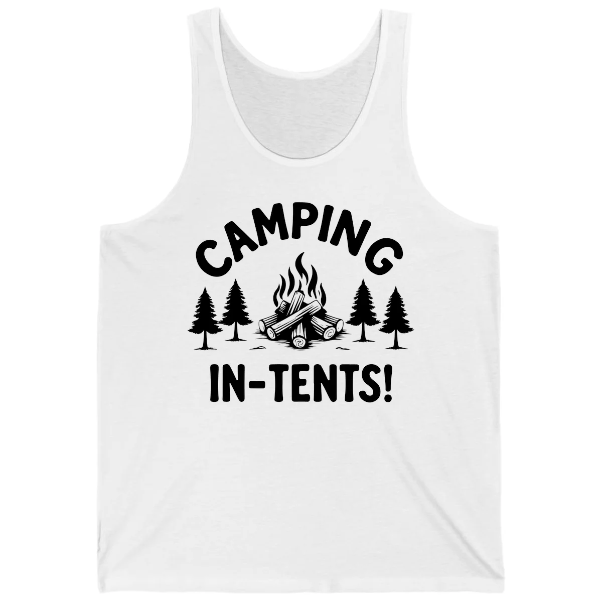 Camping in tents pun design with campfire, logs, and evergreen trees on gray background in White