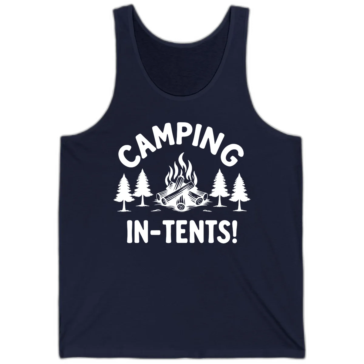 Camping in tents pun design with campfire, logs, and evergreen trees on gray background in Navy