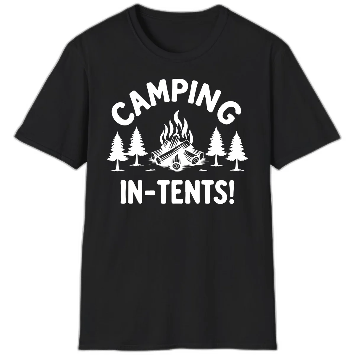 Camping in tents pun design with campfire, logs, and evergreen trees on gray background in Black