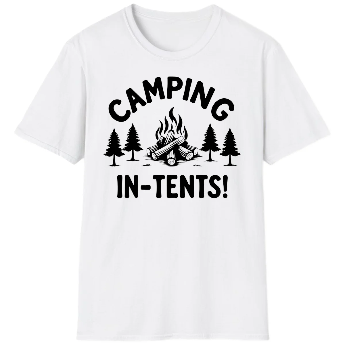 Camping in tents pun design with campfire, logs, and evergreen trees on gray background in White