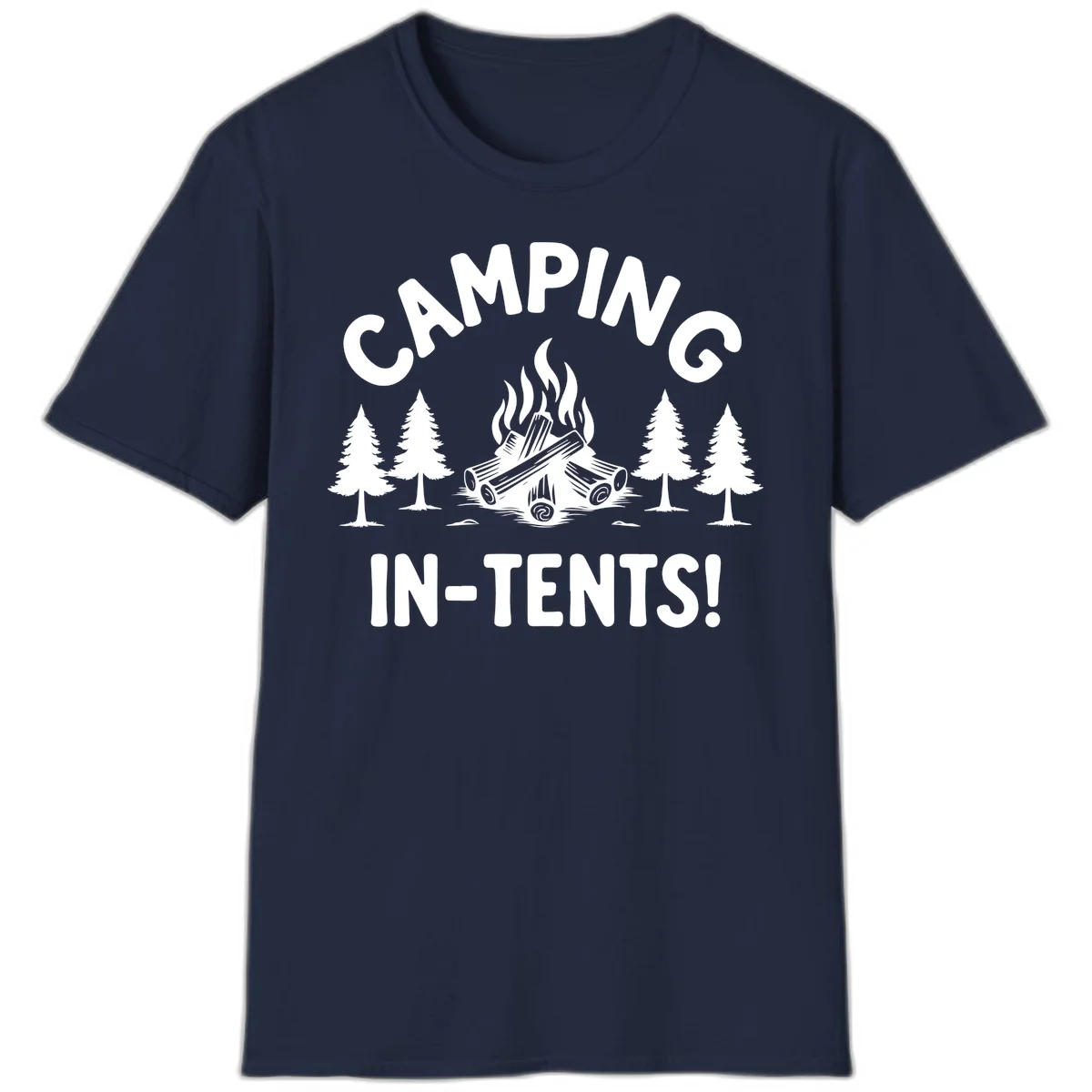 Camping in tents pun design with campfire, logs, and evergreen trees on gray background in Navy