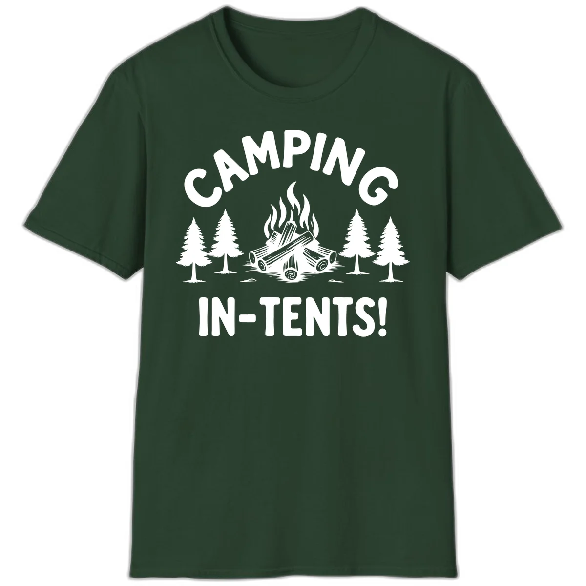 Camping in tents pun design with campfire, logs, and evergreen trees on gray background in Forest Green