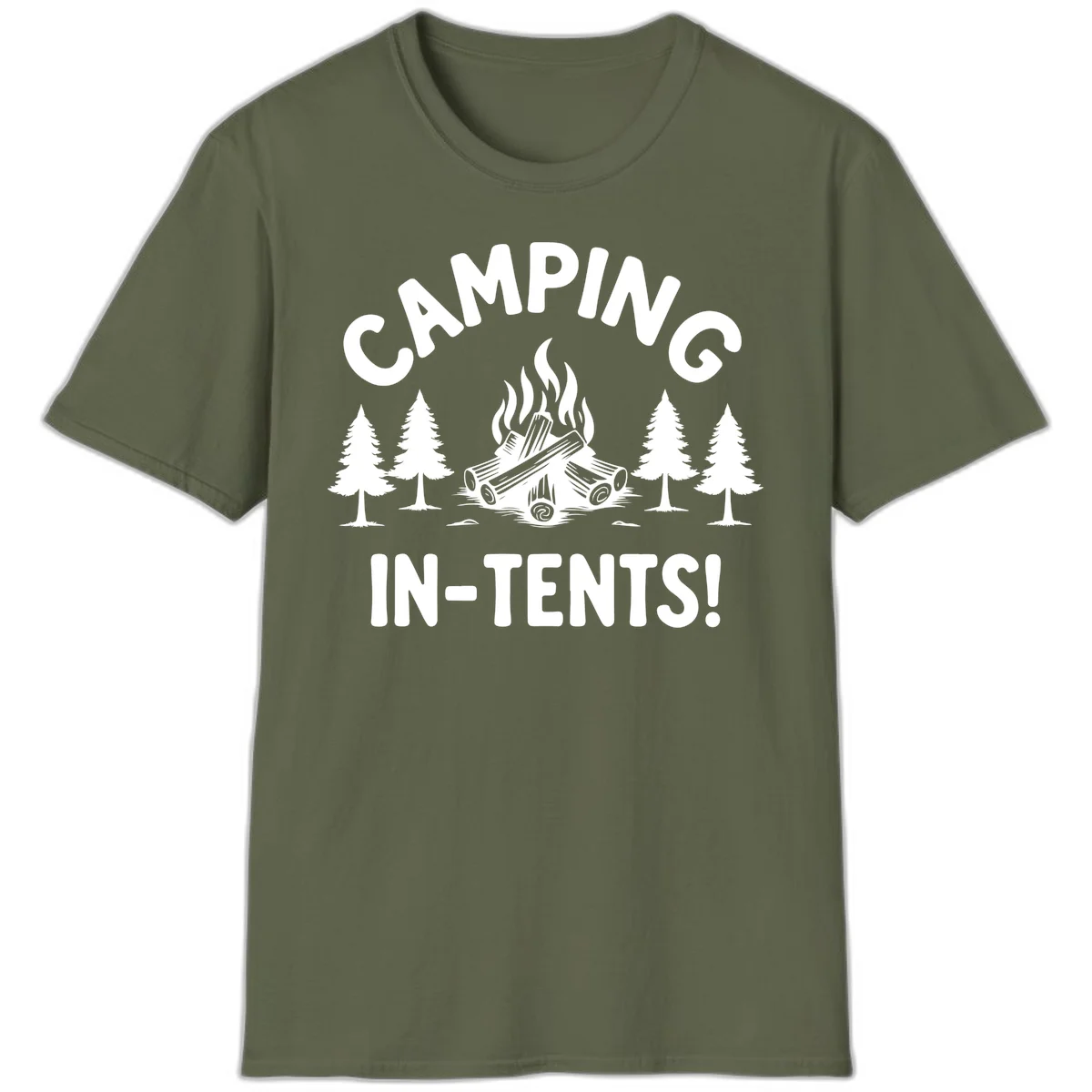 Camping in tents pun design with campfire, logs, and evergreen trees on gray background in Military Green
