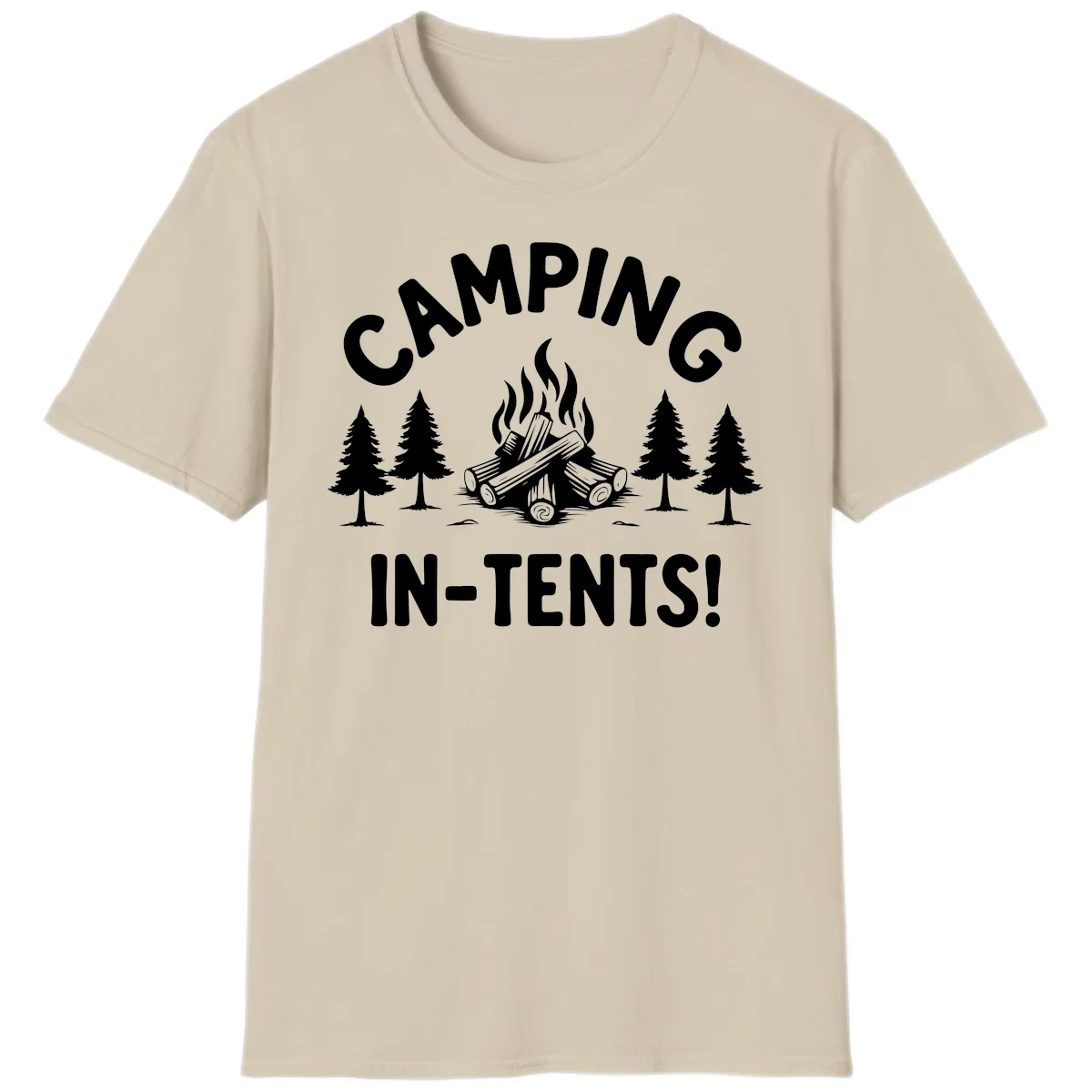 Camping in tents pun design with campfire, logs, and evergreen trees on gray background in Sand