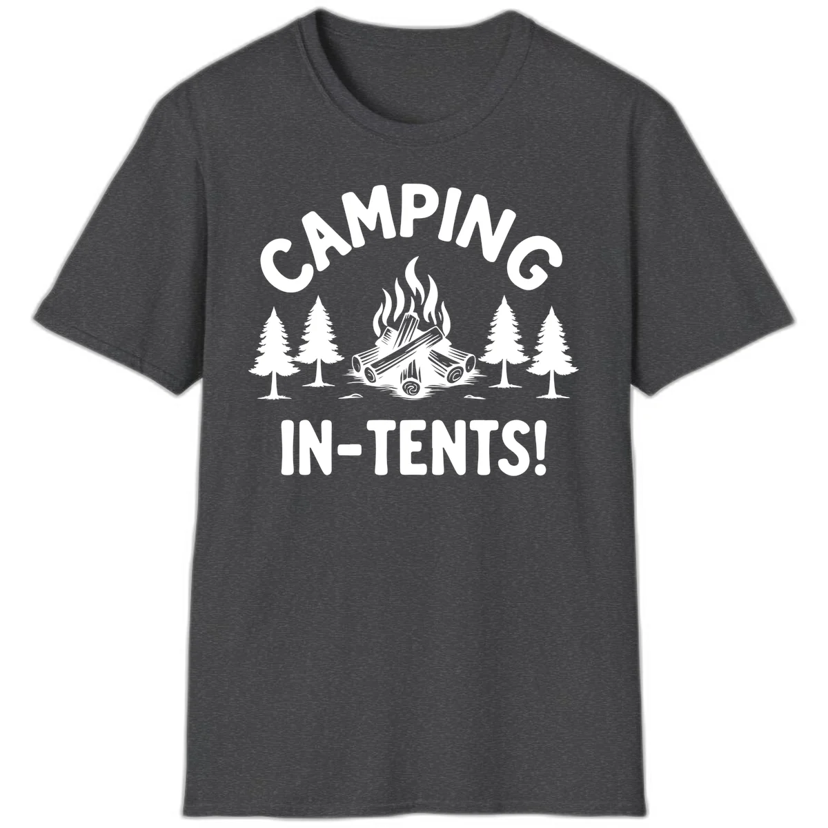 Camping in tents pun design with campfire, logs, and evergreen trees on gray background in Dark Heather