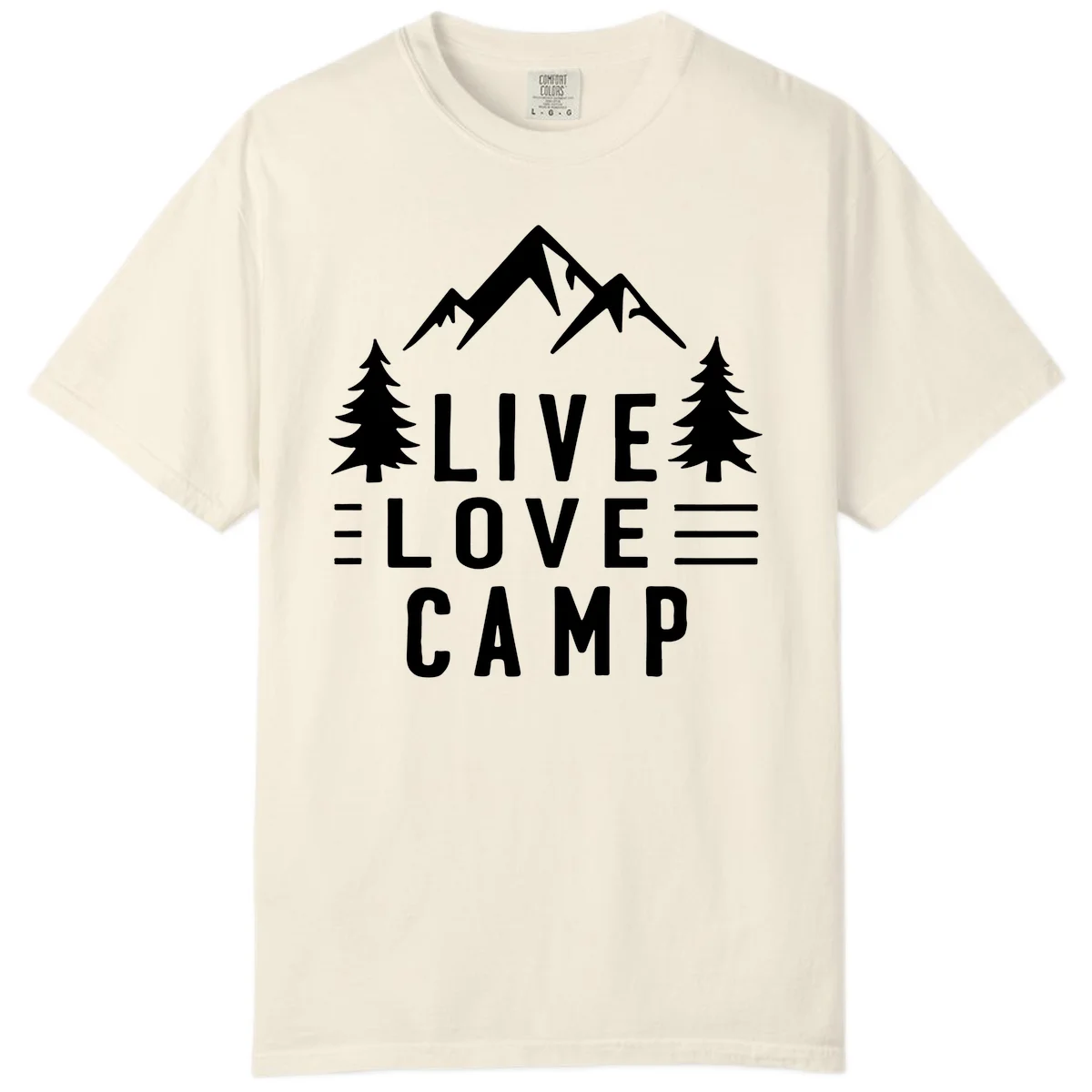Live love camp design with snow-capped mountains, evergreen trees, and stacked text on gray background in Ivory