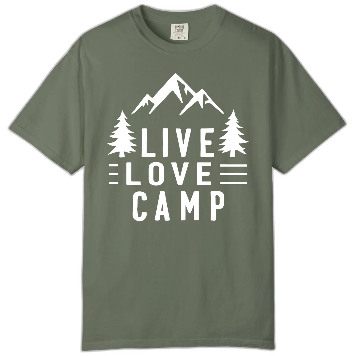 Live love camp design with snow-capped mountains, evergreen trees, and stacked text on gray background in Moss