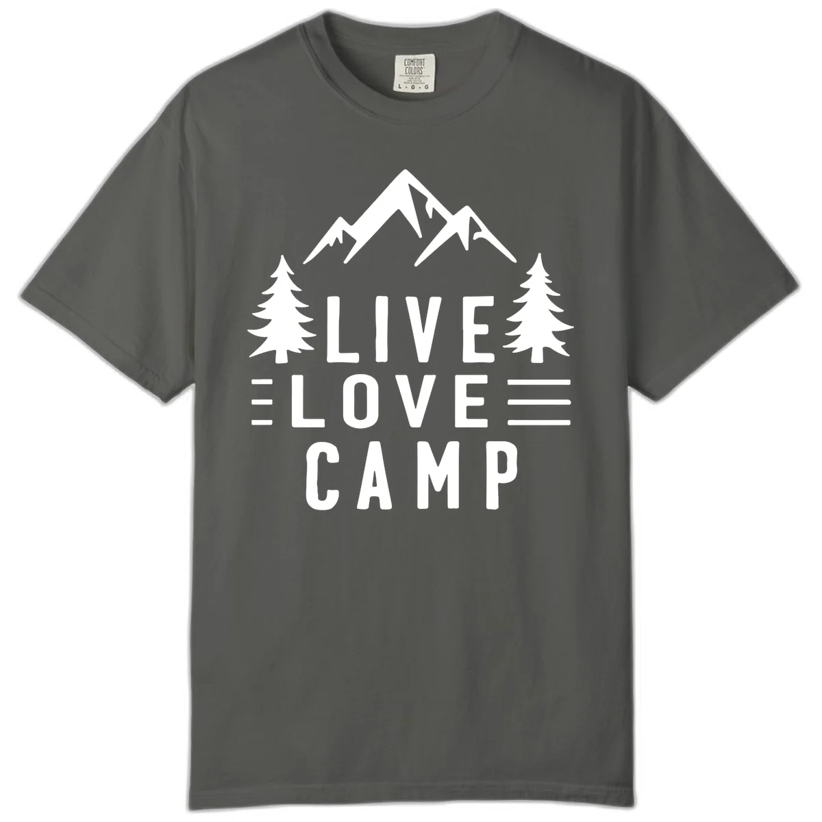 Live love camp design with snow-capped mountains, evergreen trees, and stacked text on gray background in Pepper