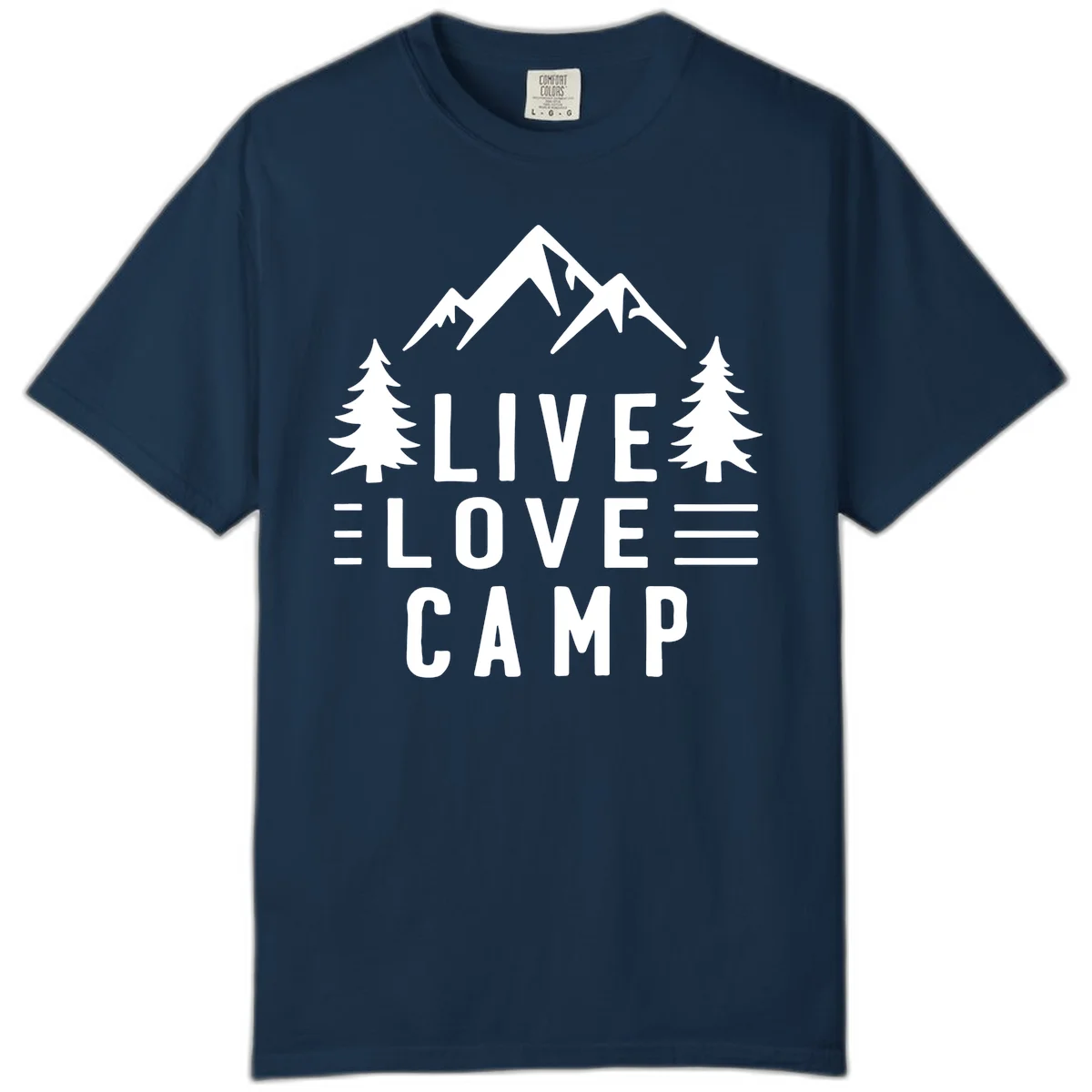 Live love camp design with snow-capped mountains, evergreen trees, and stacked text on gray background in True Navy