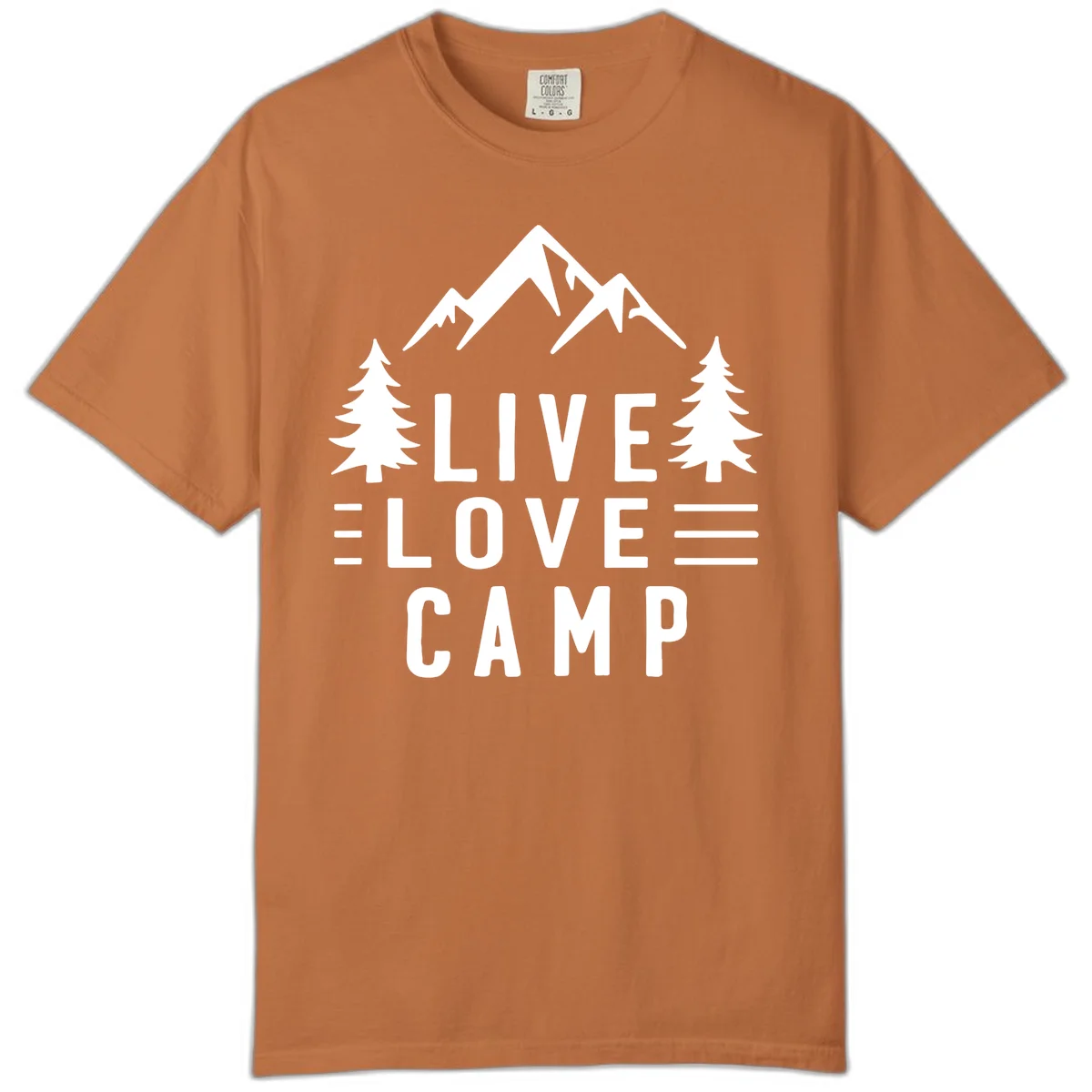 Live love camp design with snow-capped mountains, evergreen trees, and stacked text on gray background in Yam