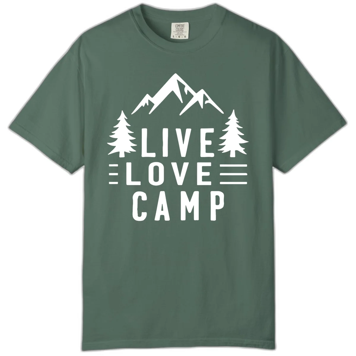 Live love camp design with snow-capped mountains, evergreen trees, and stacked text on gray background in Blue Spruce