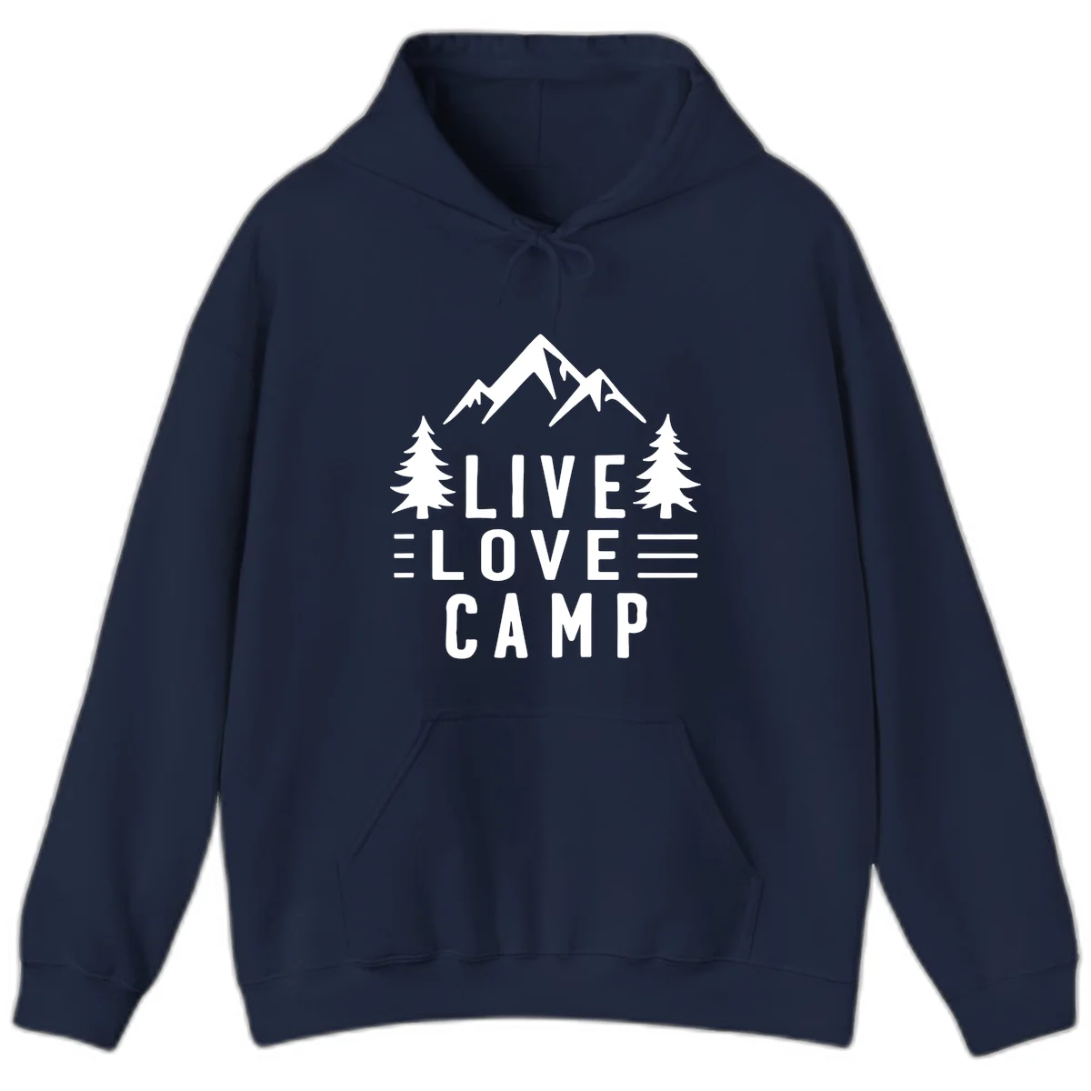 Live love camp design with snow-capped mountains, evergreen trees, and stacked text on gray background in Navy