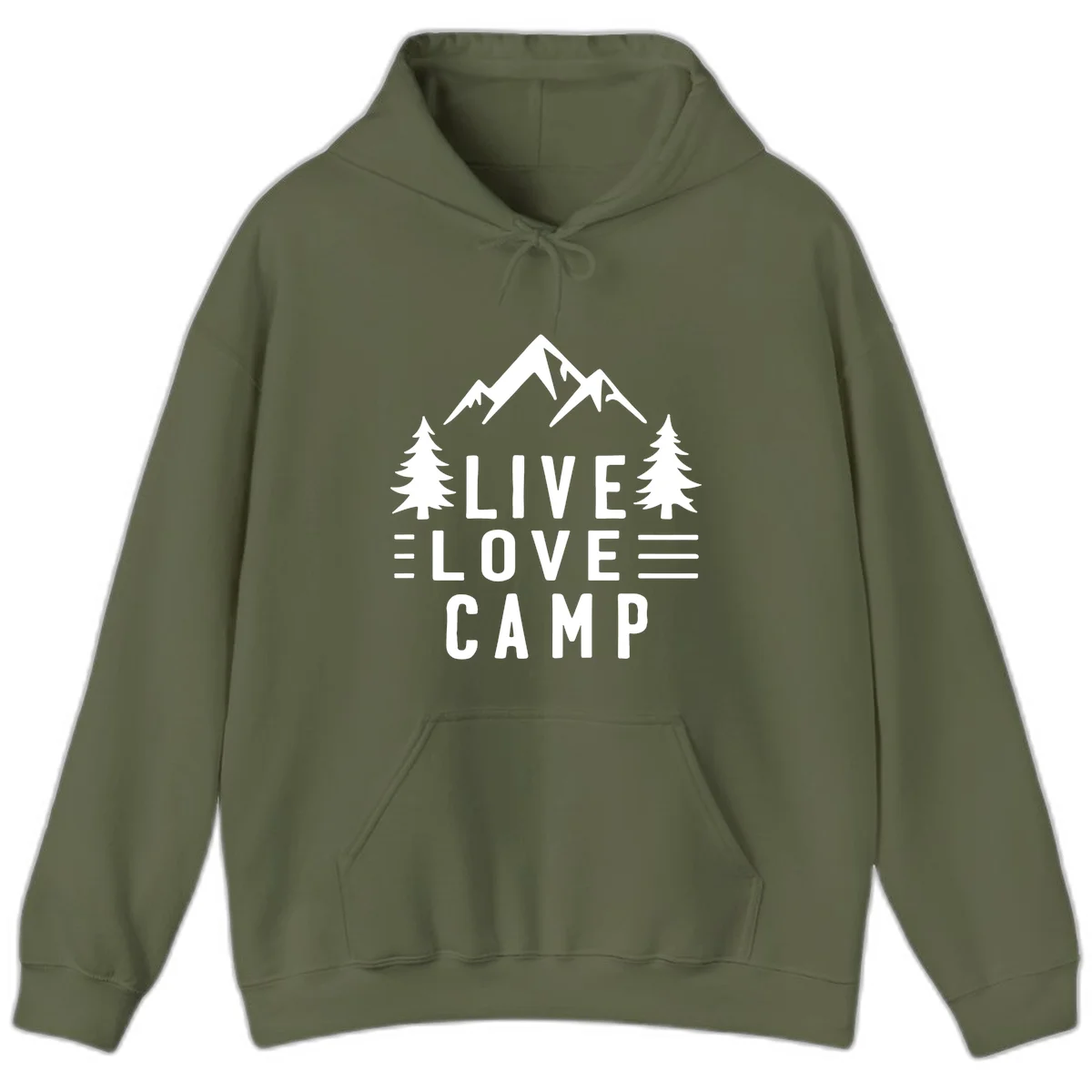 Live love camp design with snow-capped mountains, evergreen trees, and stacked text on gray background in Military Green