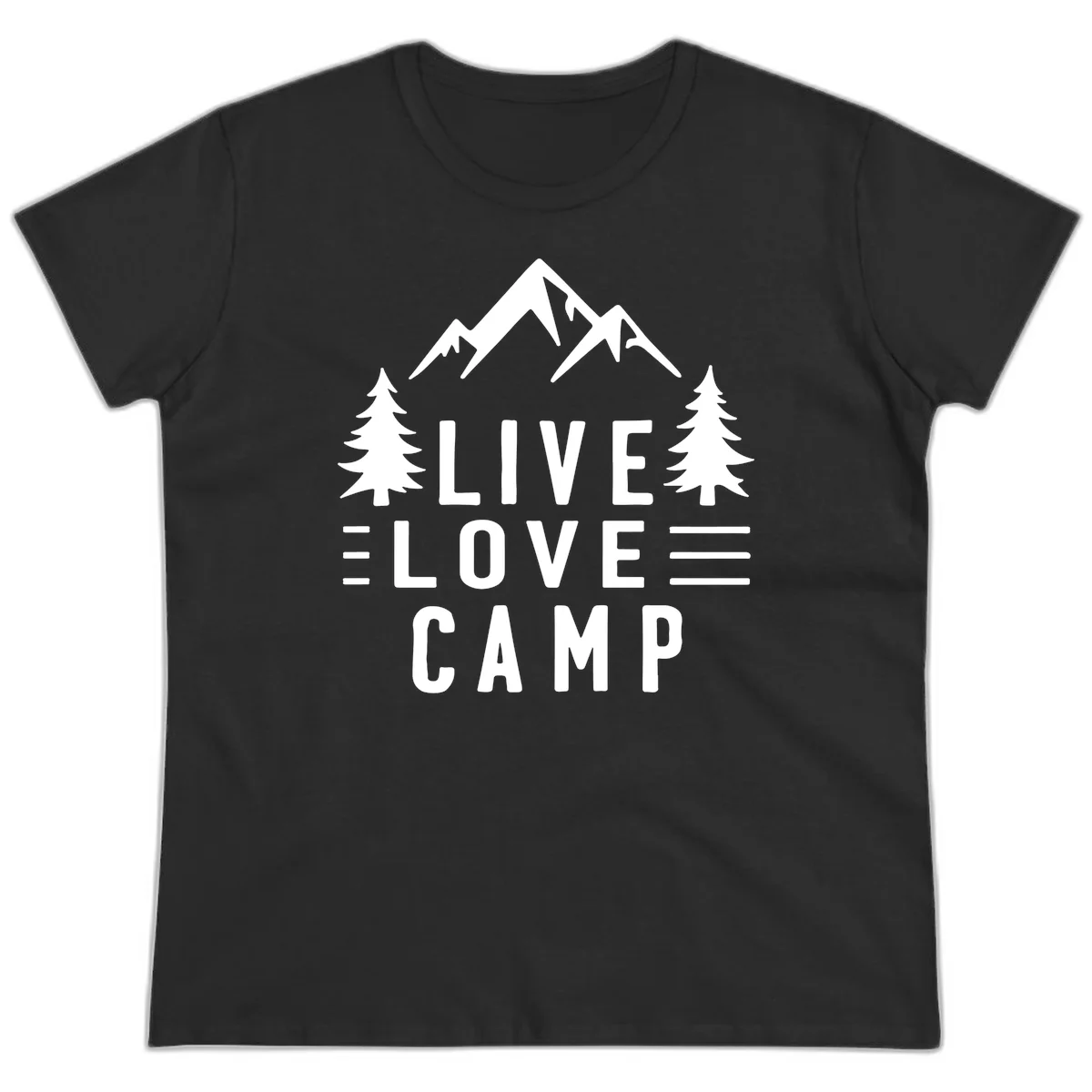 Live love camp design with snow-capped mountains, evergreen trees, and stacked text on gray background in Black