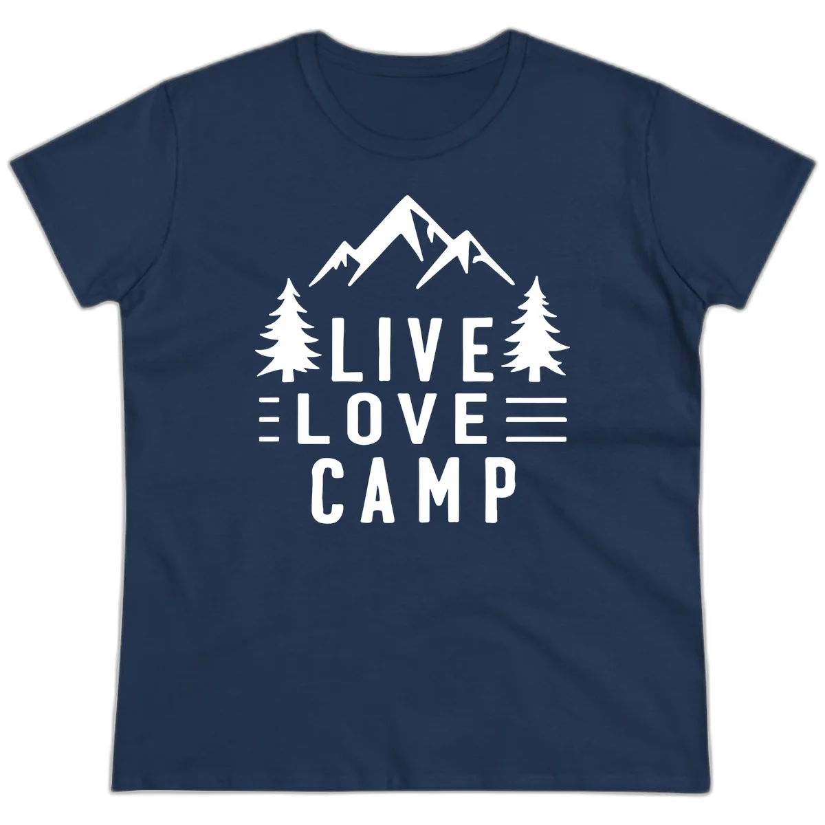 Live love camp design with snow-capped mountains, evergreen trees, and stacked text on gray background in Navy