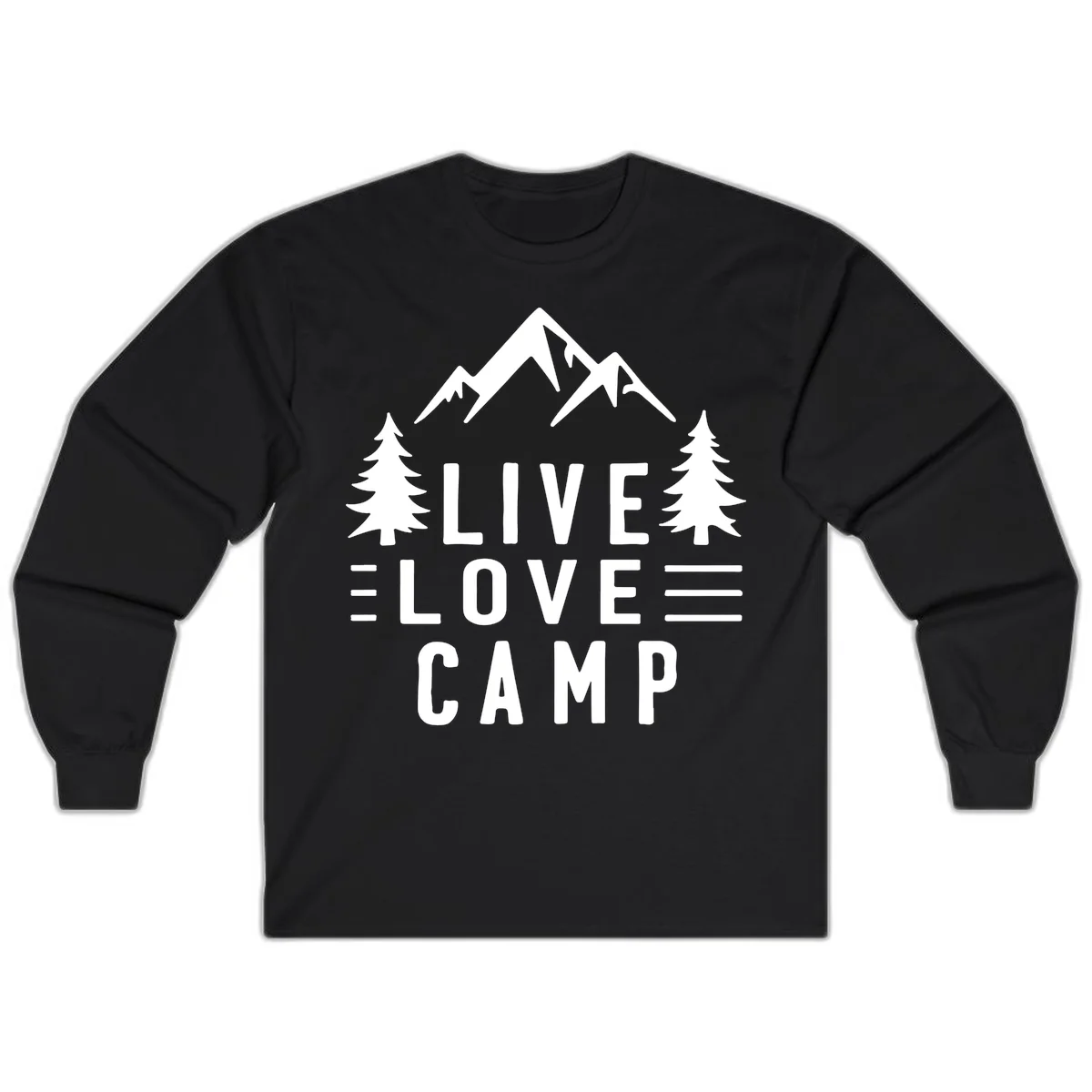 Live love camp design with snow-capped mountains, evergreen trees, and stacked text on gray background in Black