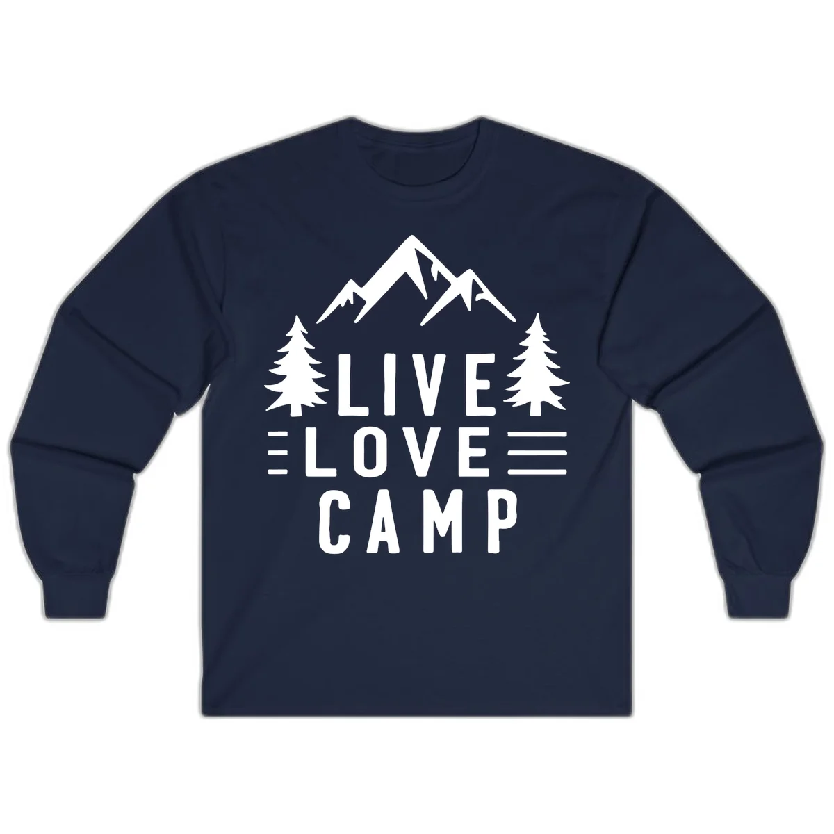 Live love camp design with snow-capped mountains, evergreen trees, and stacked text on gray background in Navy