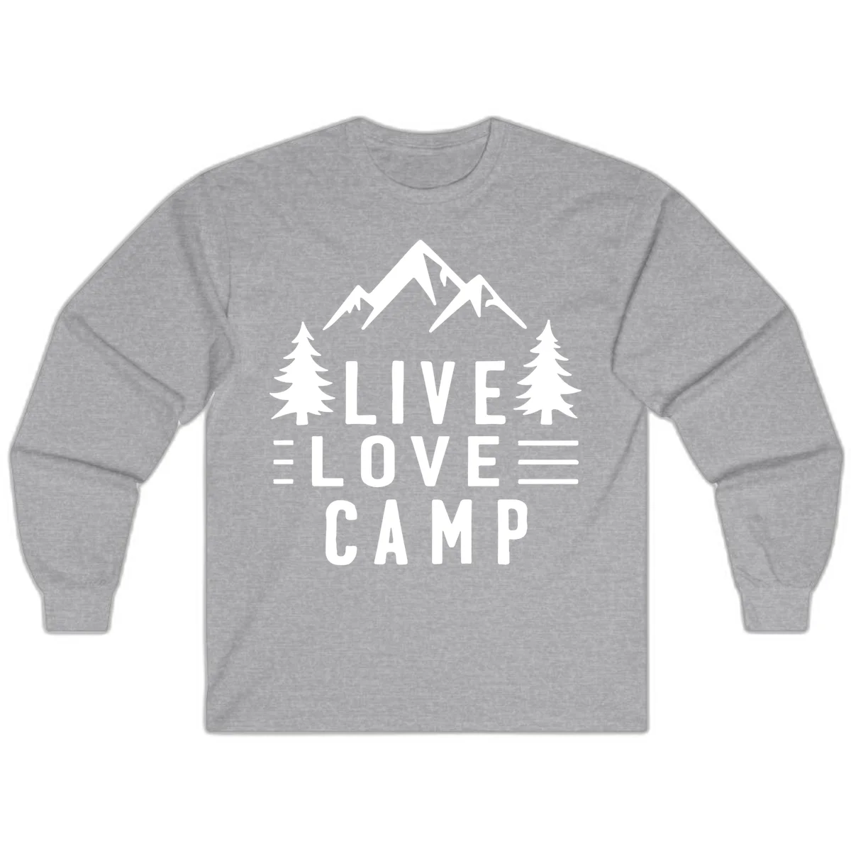 Live love camp design with snow-capped mountains, evergreen trees, and stacked text on gray background in Sport Grey
