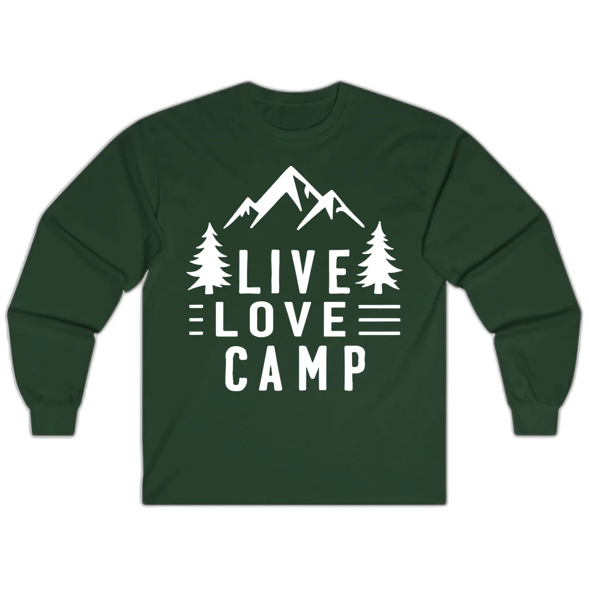 Live love camp design with snow-capped mountains, evergreen trees, and stacked text on gray background in Forest Green