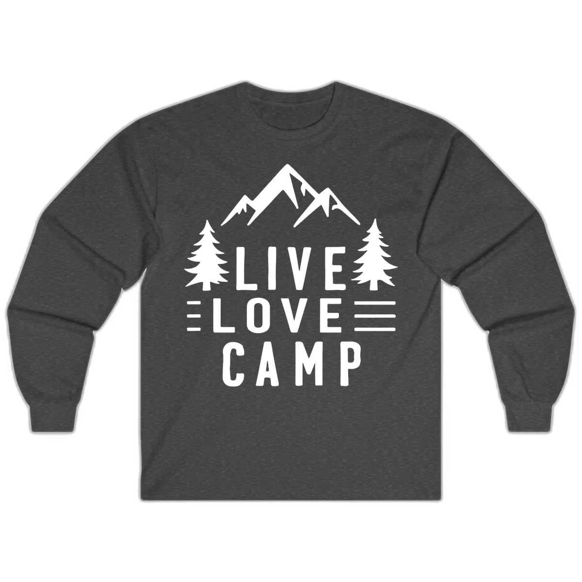 Live love camp design with snow-capped mountains, evergreen trees, and stacked text on gray background in Dark Heather