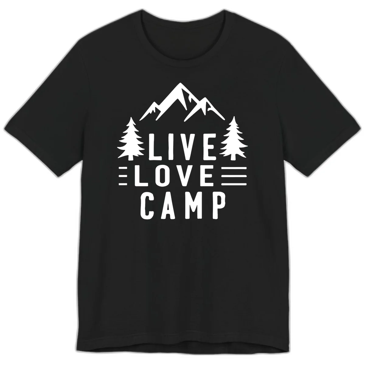Live love camp design with snow-capped mountains, evergreen trees, and stacked text on gray background in Black