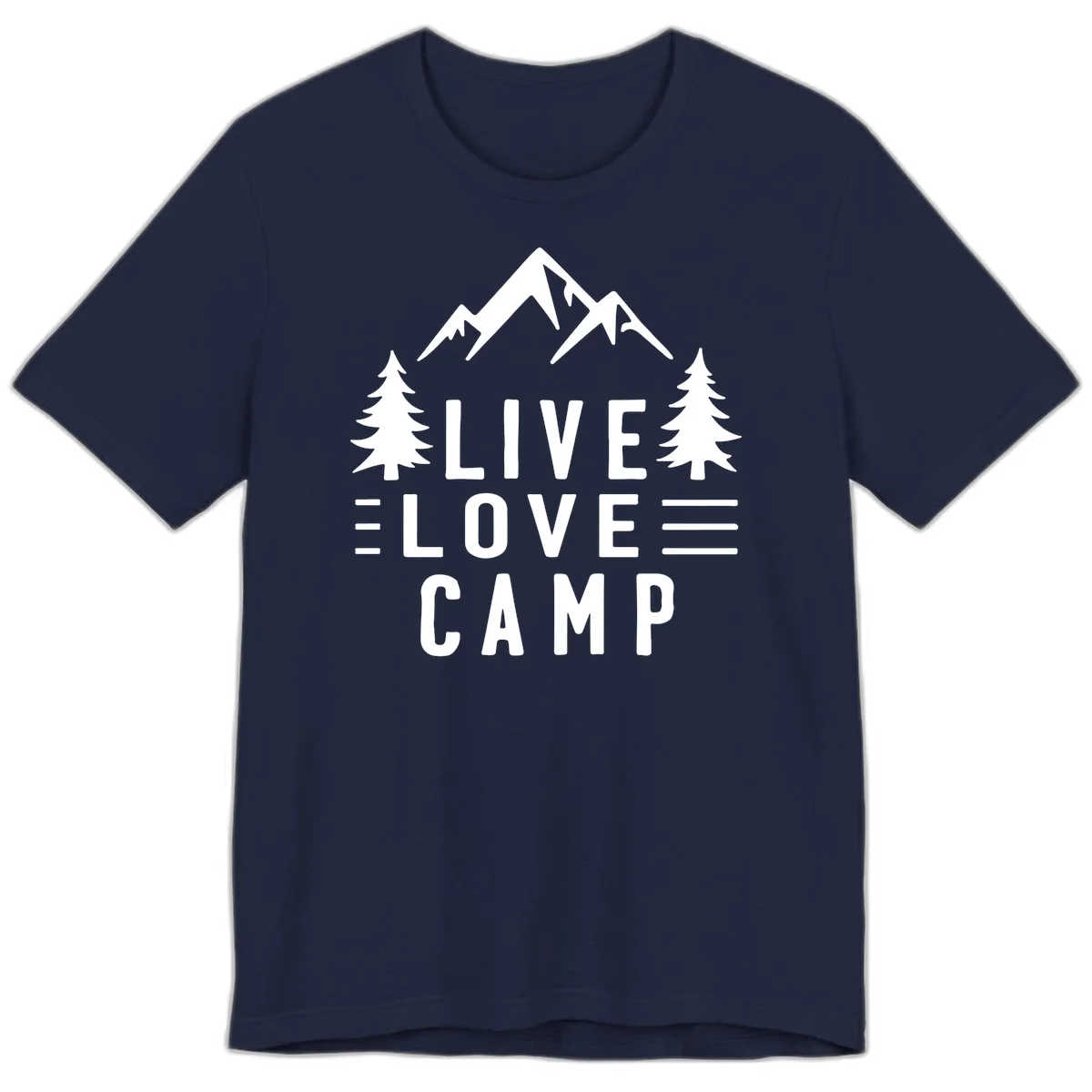 Live love camp design with snow-capped mountains, evergreen trees, and stacked text on gray background in Navy
