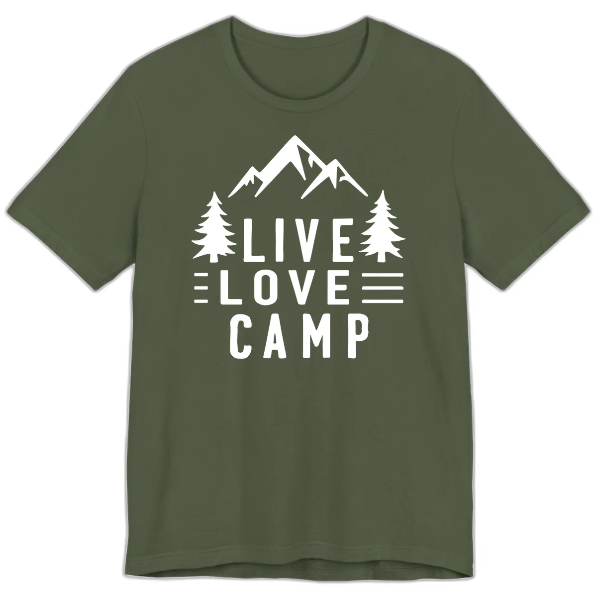 Live love camp design with snow-capped mountains, evergreen trees, and stacked text on gray background in Military Green