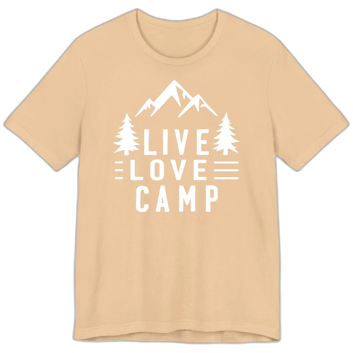 Live love camp design with snow-capped mountains, evergreen trees, and stacked text on gray background in Sand Dune
