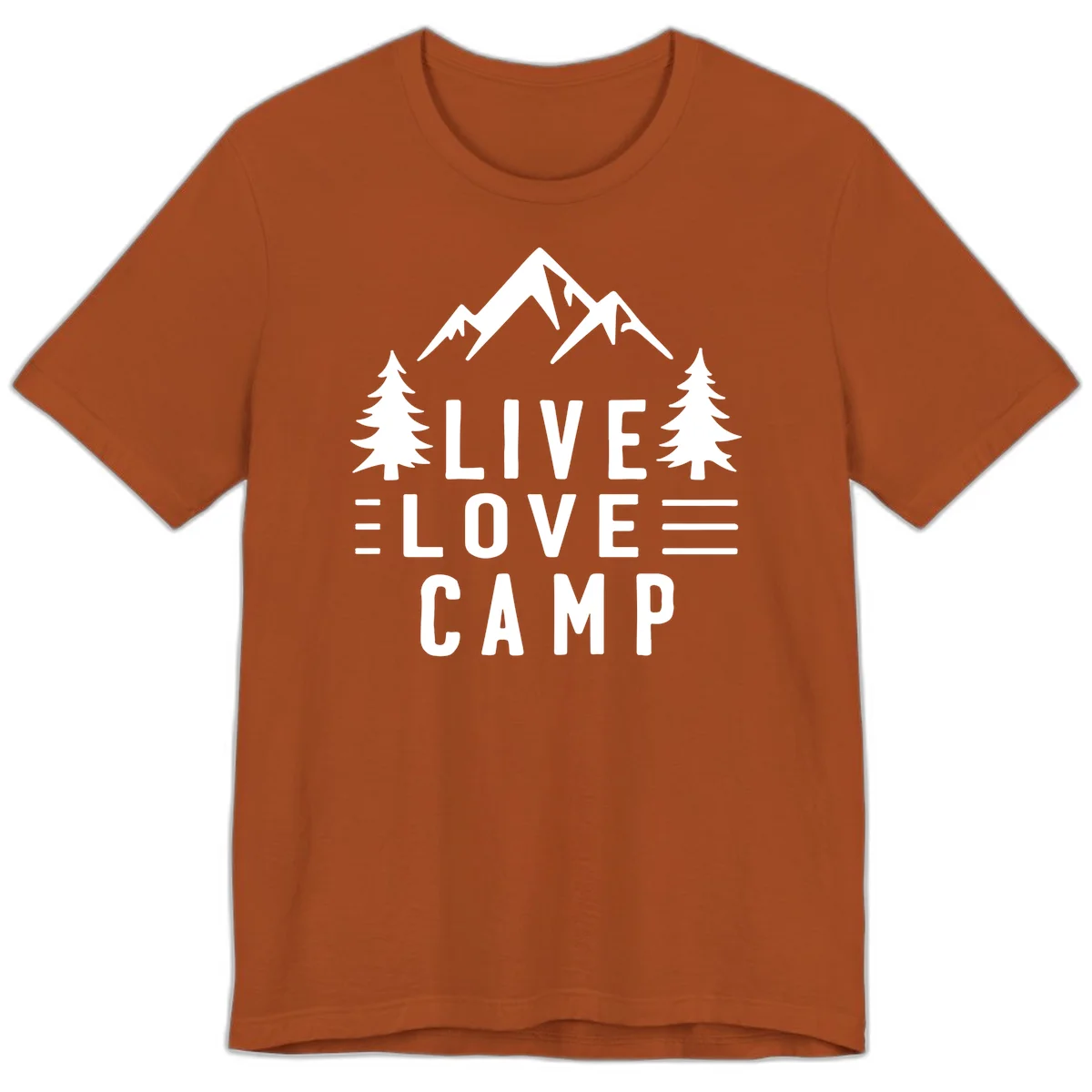 Live love camp design with snow-capped mountains, evergreen trees, and stacked text on gray background in Autumn