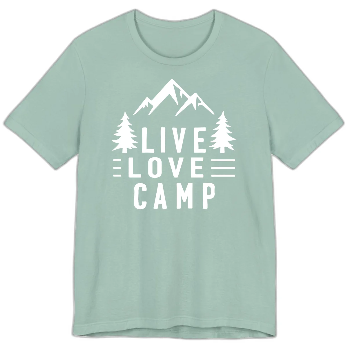 Live love camp design with snow-capped mountains, evergreen trees, and stacked text on gray background in Dusty Blue