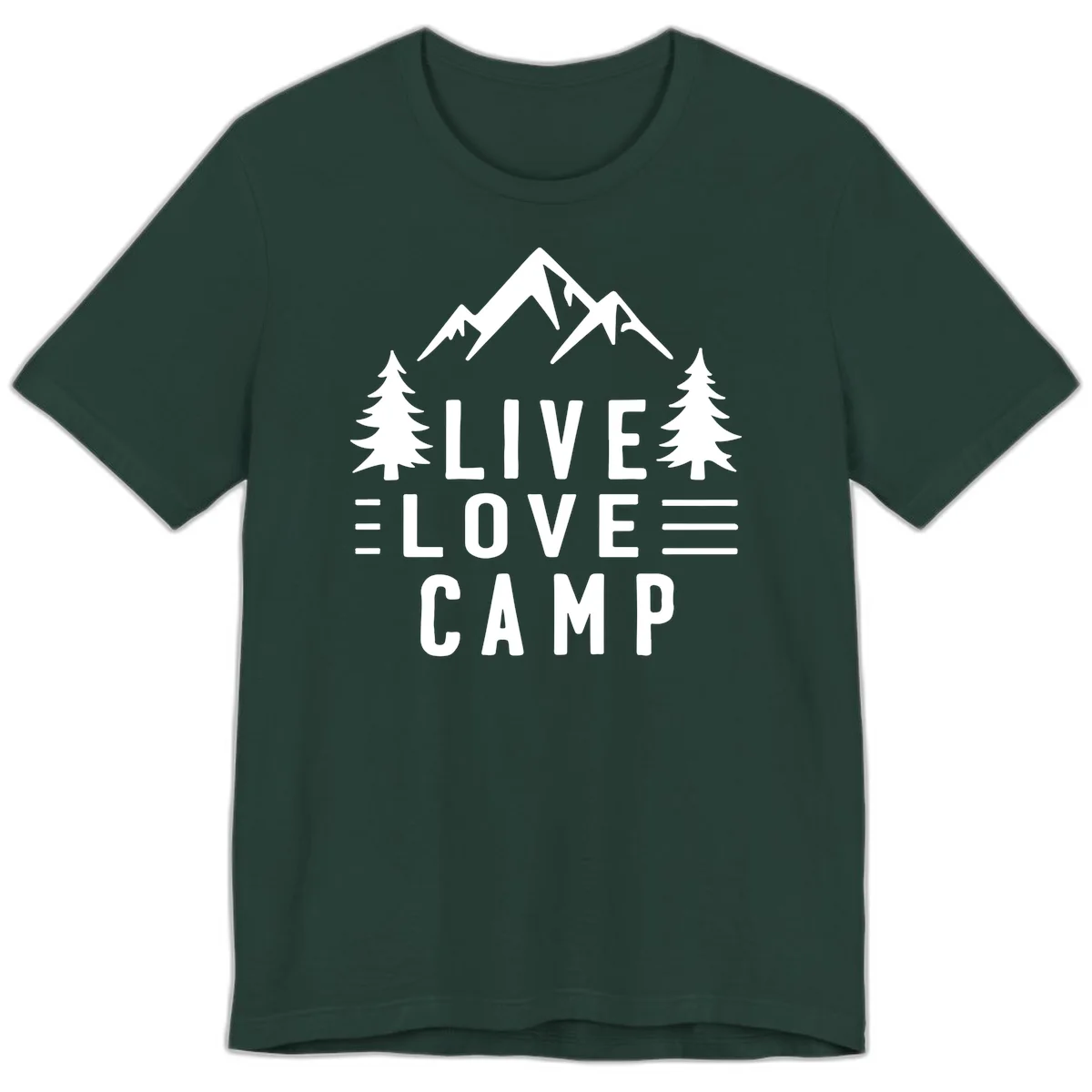 Live love camp design with snow-capped mountains, evergreen trees, and stacked text on gray background in Forest