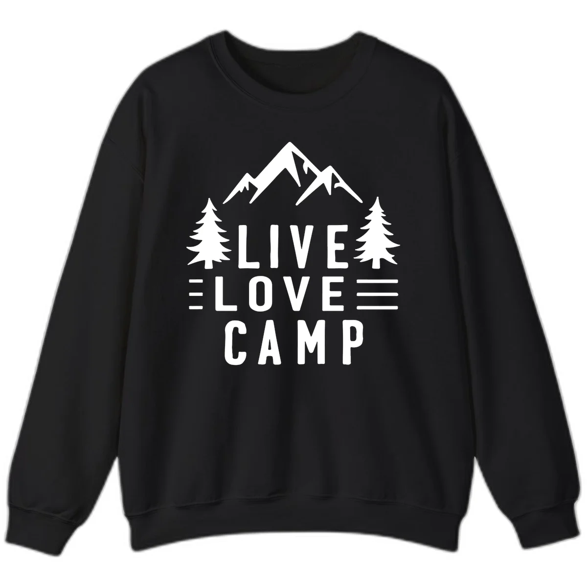 Live love camp design with snow-capped mountains, evergreen trees, and stacked text on gray background in Black