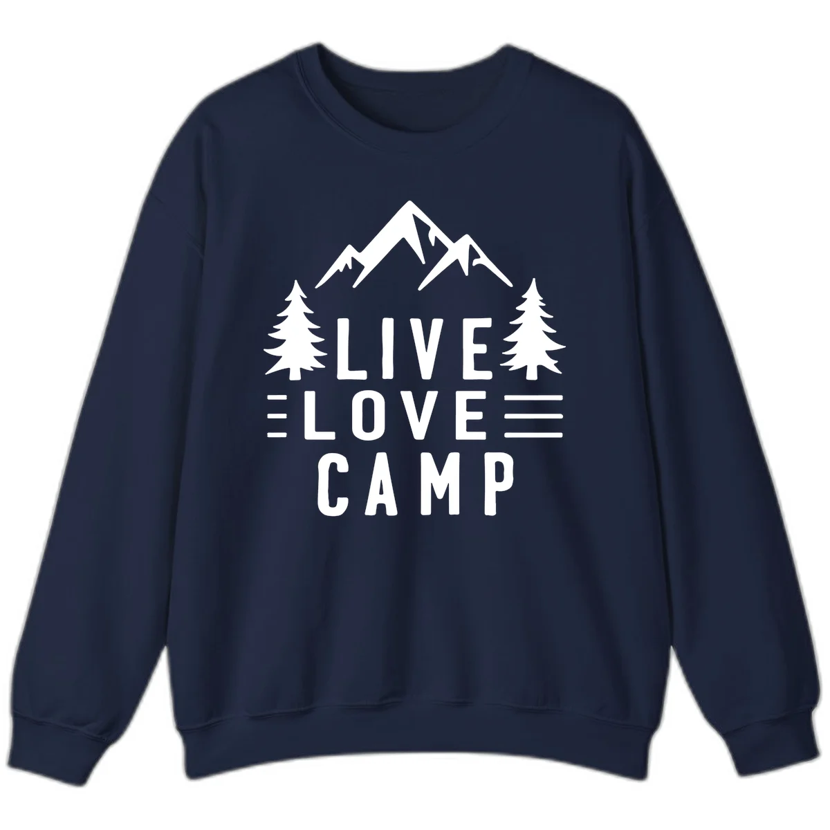 Live love camp design with snow-capped mountains, evergreen trees, and stacked text on gray background in Navy