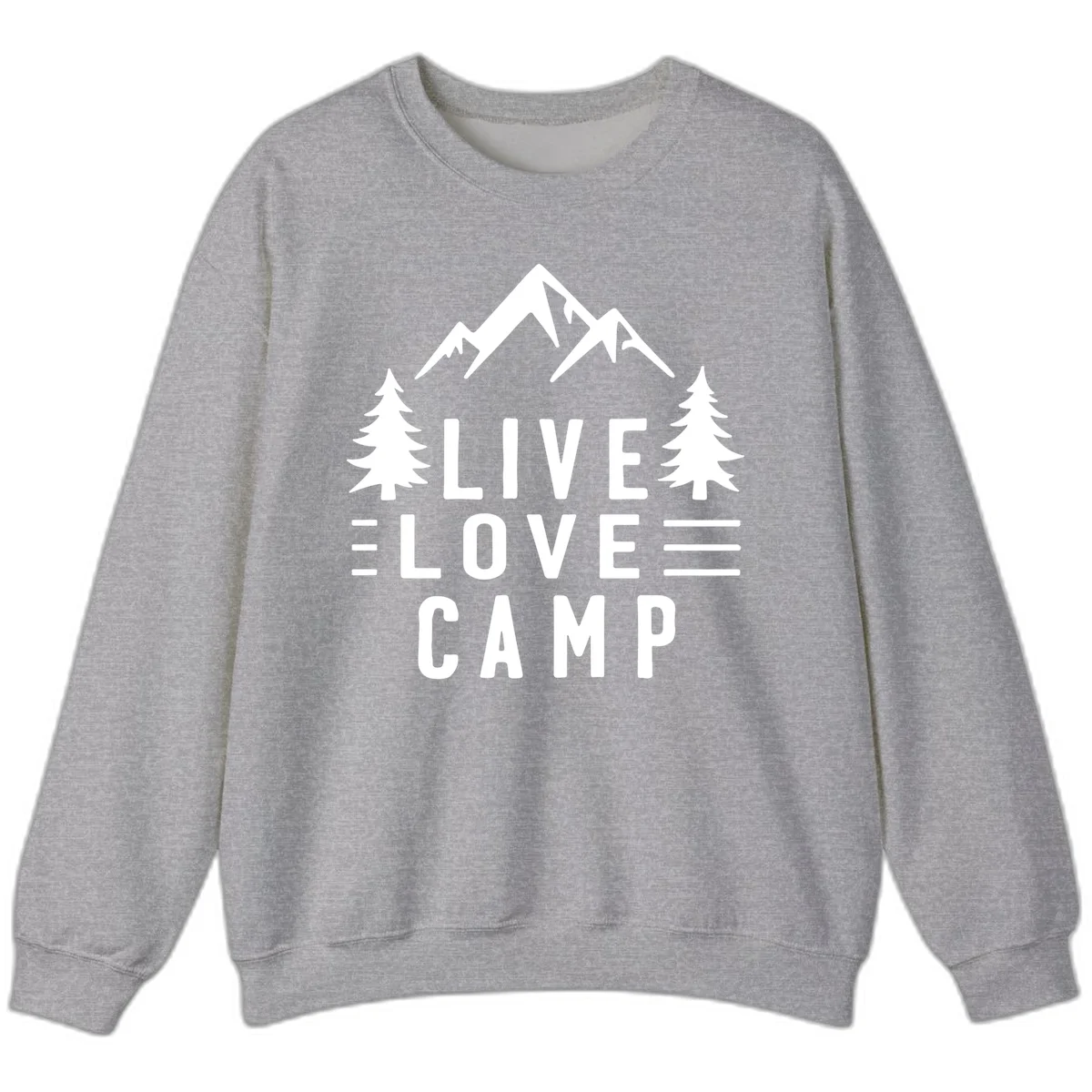 Live love camp design with snow-capped mountains, evergreen trees, and stacked text on gray background in Sport Grey