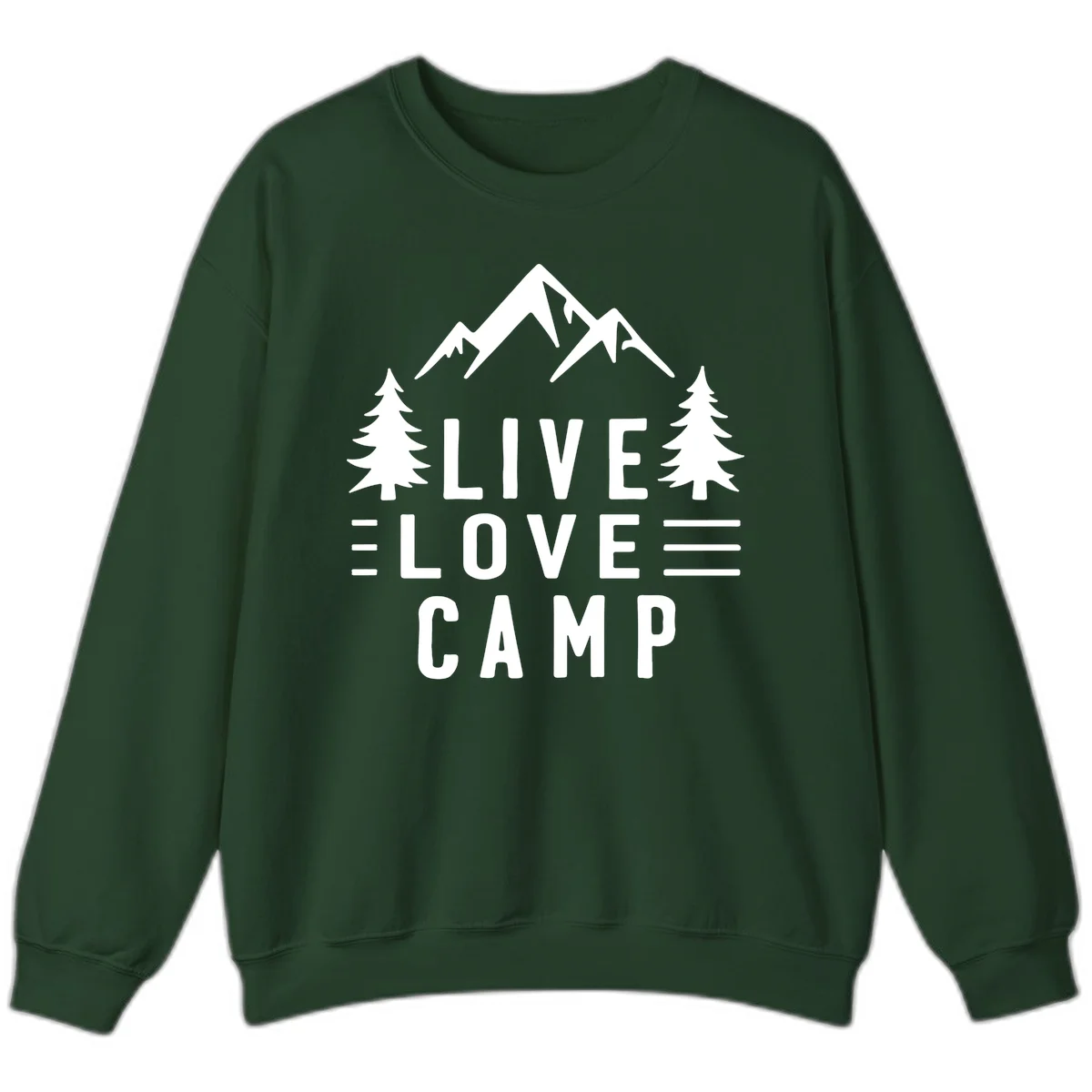 Live love camp design with snow-capped mountains, evergreen trees, and stacked text on gray background in Forest Green