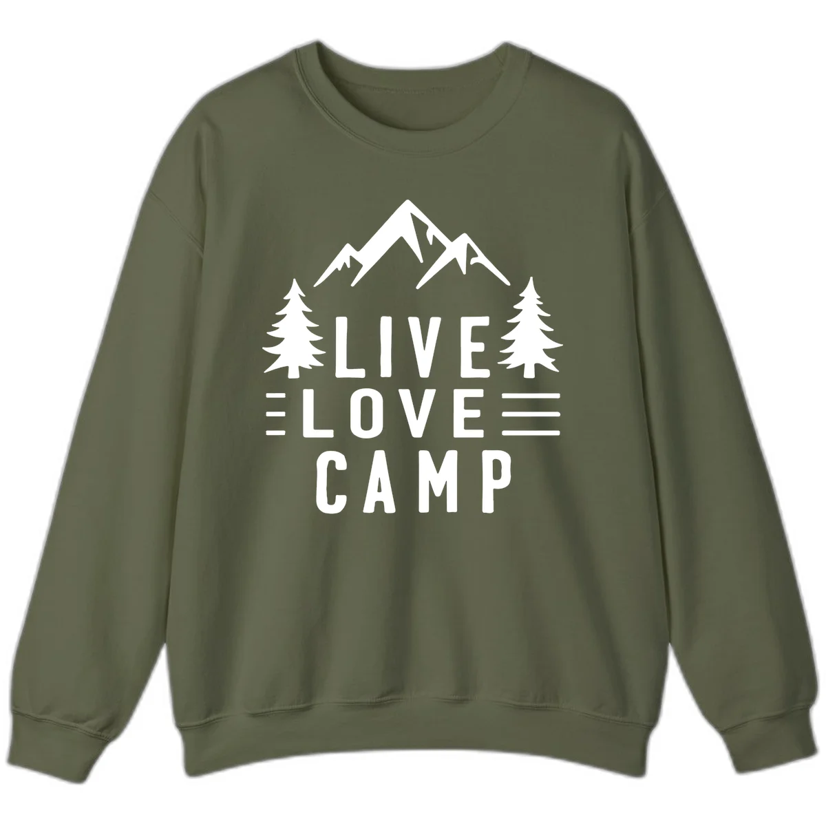 Live love camp design with snow-capped mountains, evergreen trees, and stacked text on gray background in Military Green