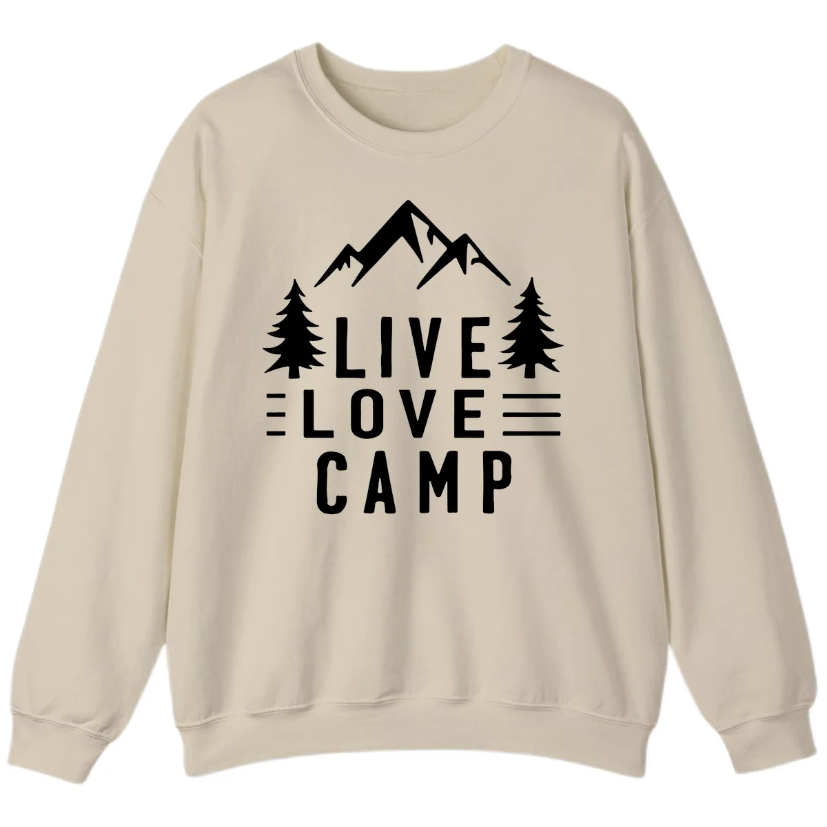 Live love camp design with snow-capped mountains, evergreen trees, and stacked text on gray background in Sand