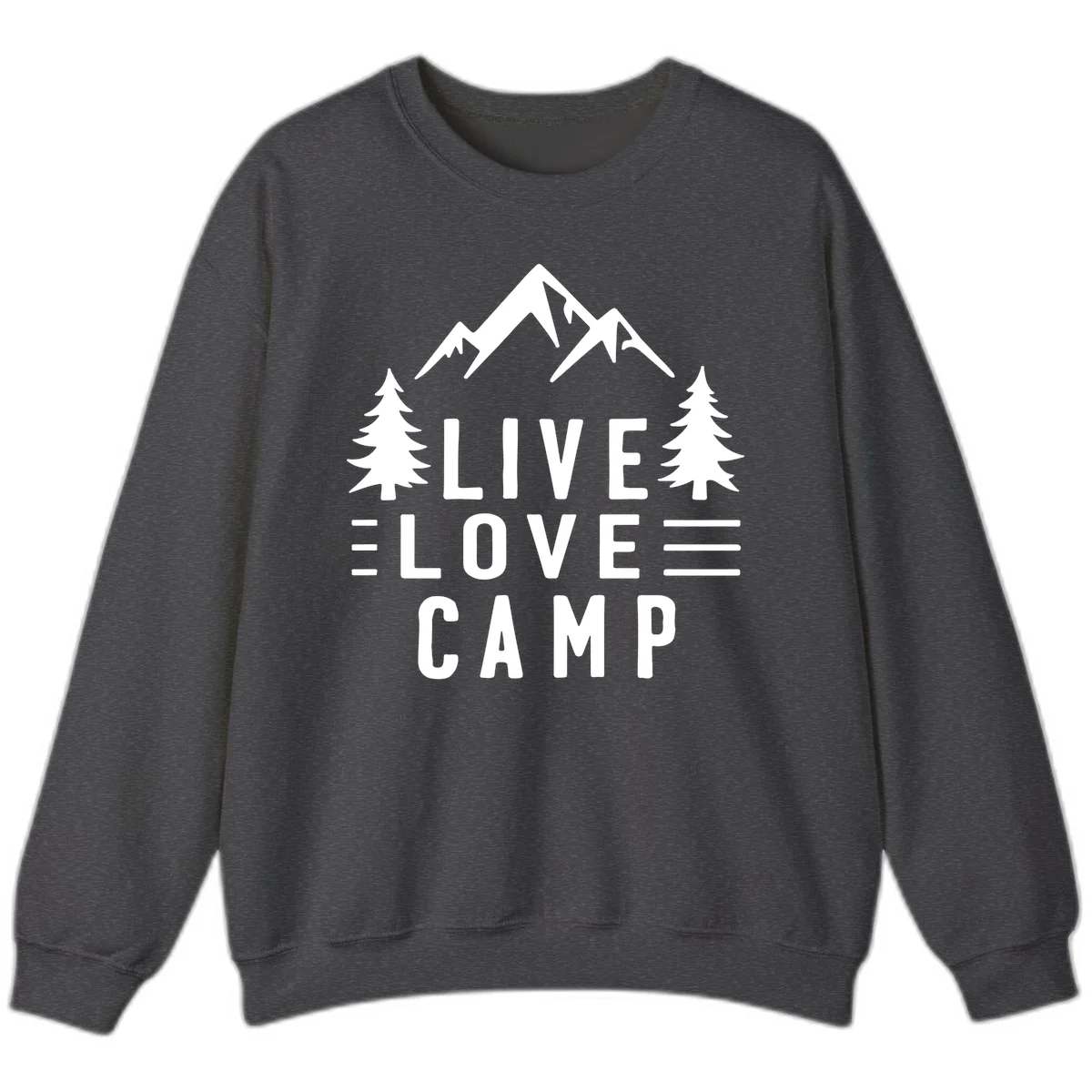 Live love camp design with snow-capped mountains, evergreen trees, and stacked text on gray background in Dark Heather