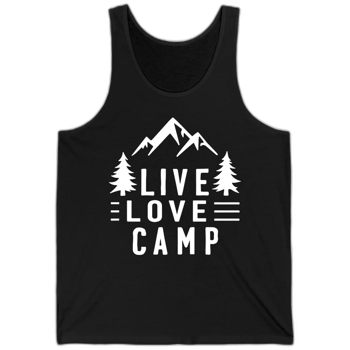 Live love camp design with snow-capped mountains, evergreen trees, and stacked text on gray background in Black
