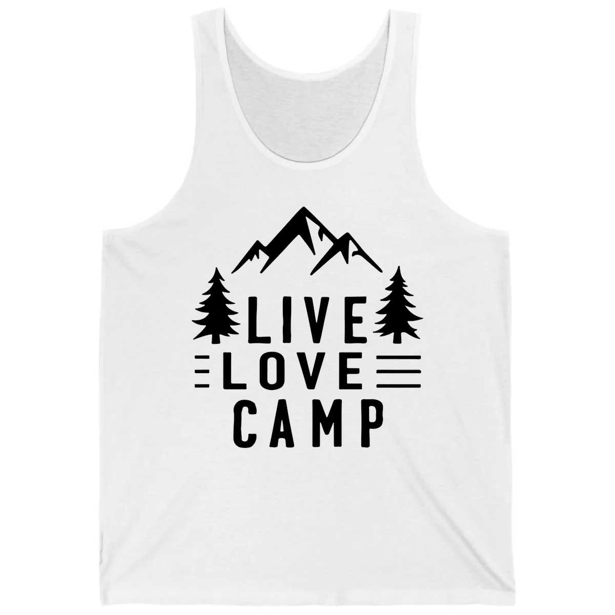 Live love camp design with snow-capped mountains, evergreen trees, and stacked text on gray background in White