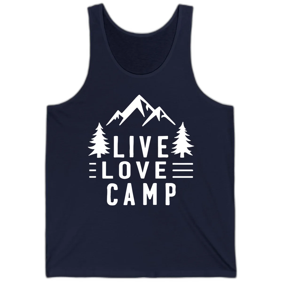 Live love camp design with snow-capped mountains, evergreen trees, and stacked text on gray background in Navy