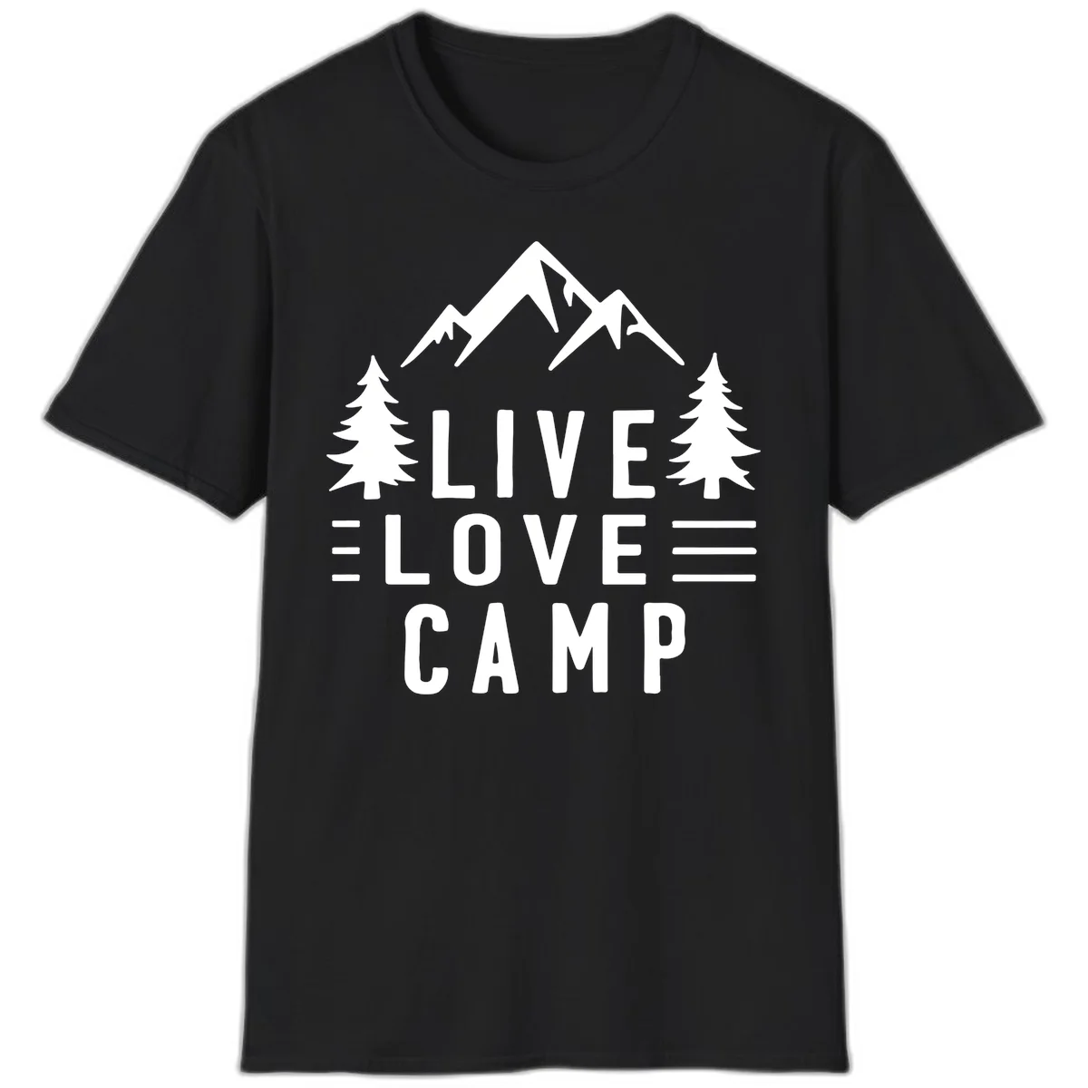 Live love camp design with snow-capped mountains, evergreen trees, and stacked text on gray background in Black