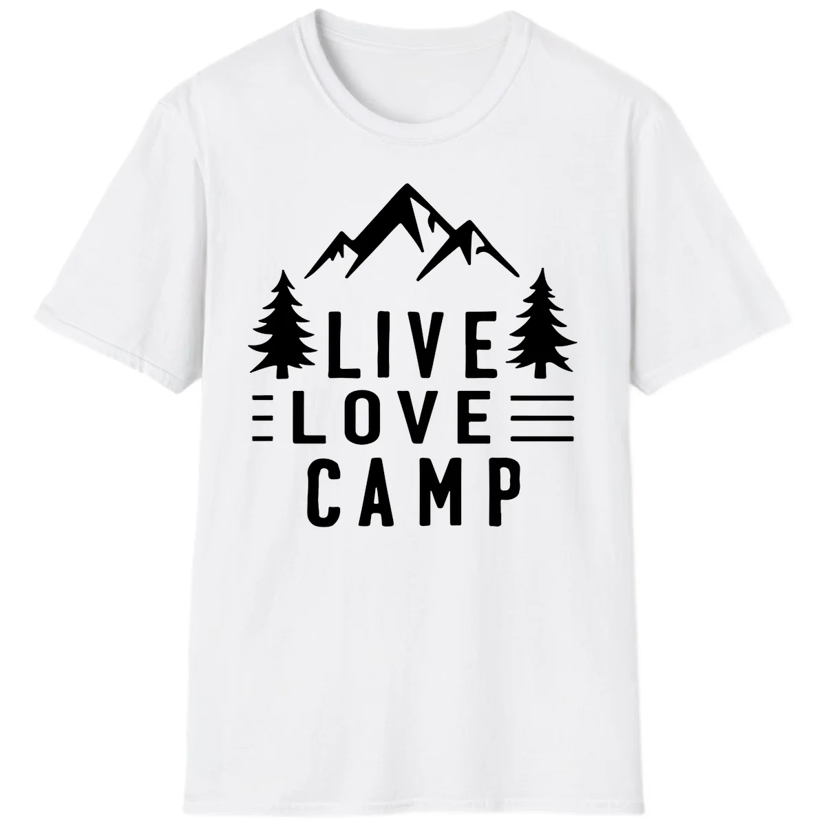 Live love camp design with snow-capped mountains, evergreen trees, and stacked text on gray background in White