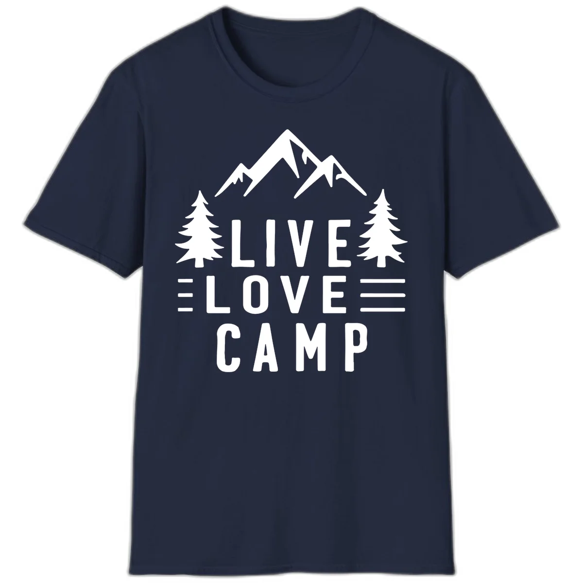 Live love camp design with snow-capped mountains, evergreen trees, and stacked text on gray background in Navy