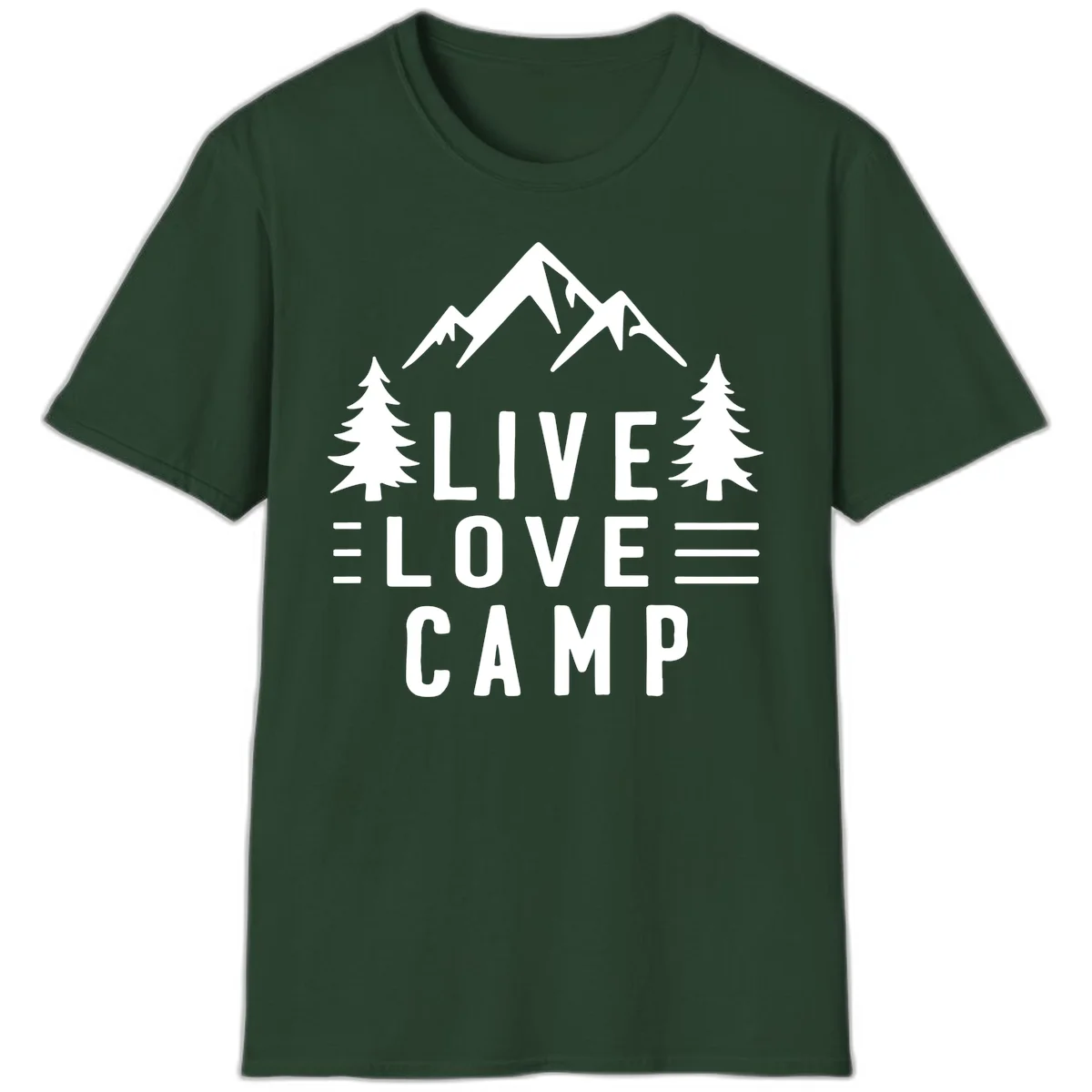 Live love camp design with snow-capped mountains, evergreen trees, and stacked text on gray background in Forest Green