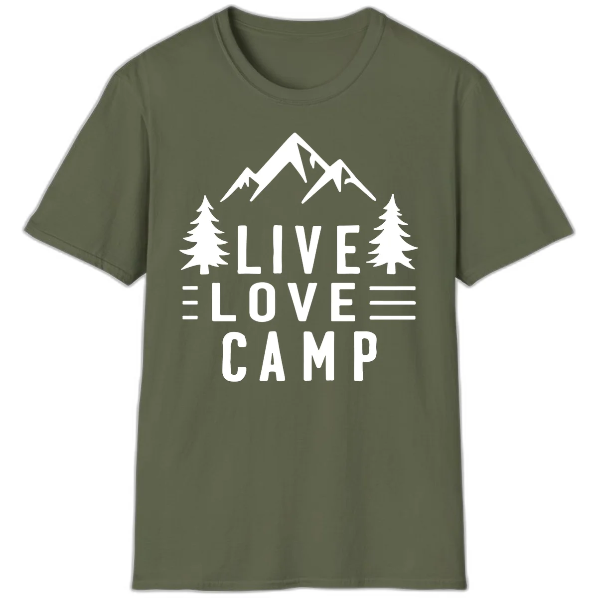 Live love camp design with snow-capped mountains, evergreen trees, and stacked text on gray background in Military Green