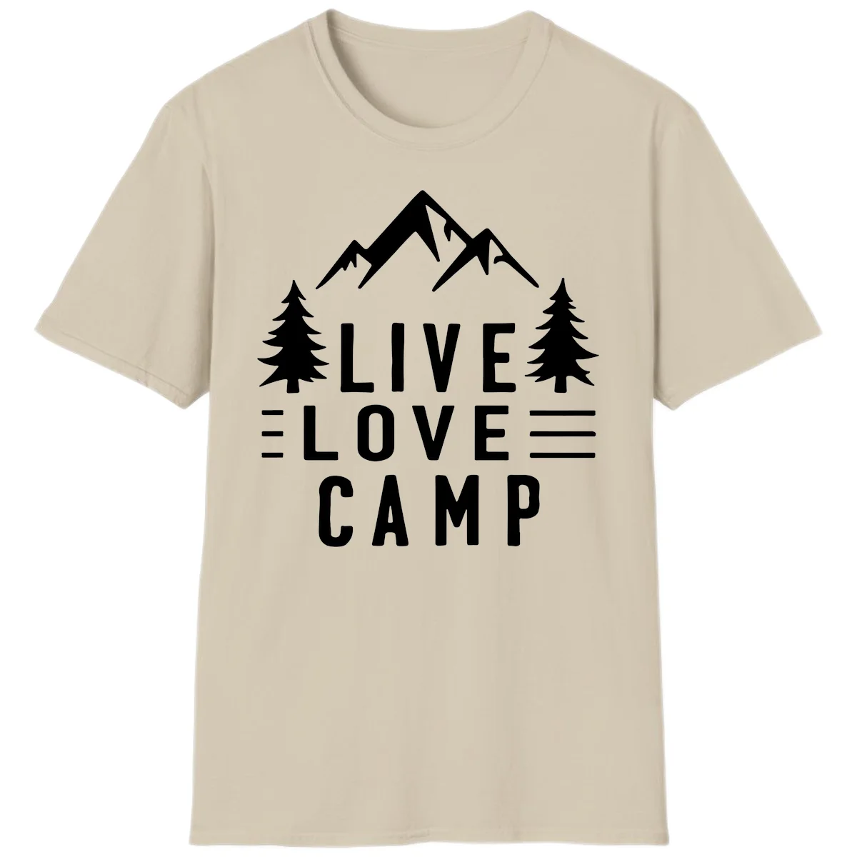 Live love camp design with snow-capped mountains, evergreen trees, and stacked text on gray background in Sand