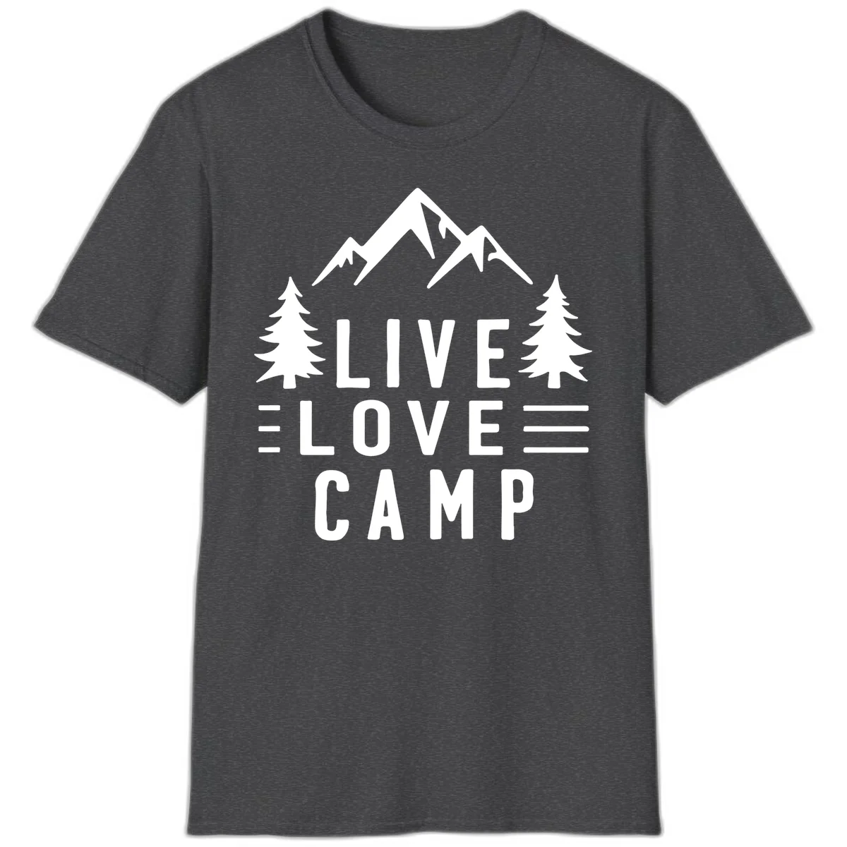 Live love camp design with snow-capped mountains, evergreen trees, and stacked text on gray background in Dark Heather