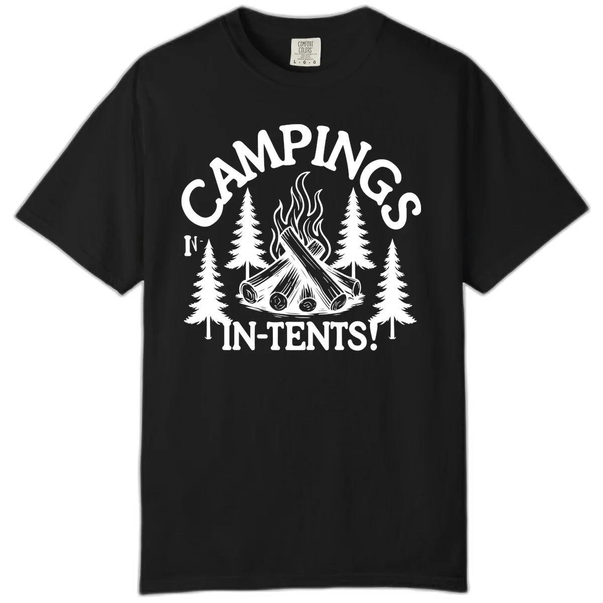 Camping in tents pun design with campfire, logs, flames, and evergreen trees in white on gray background in Black